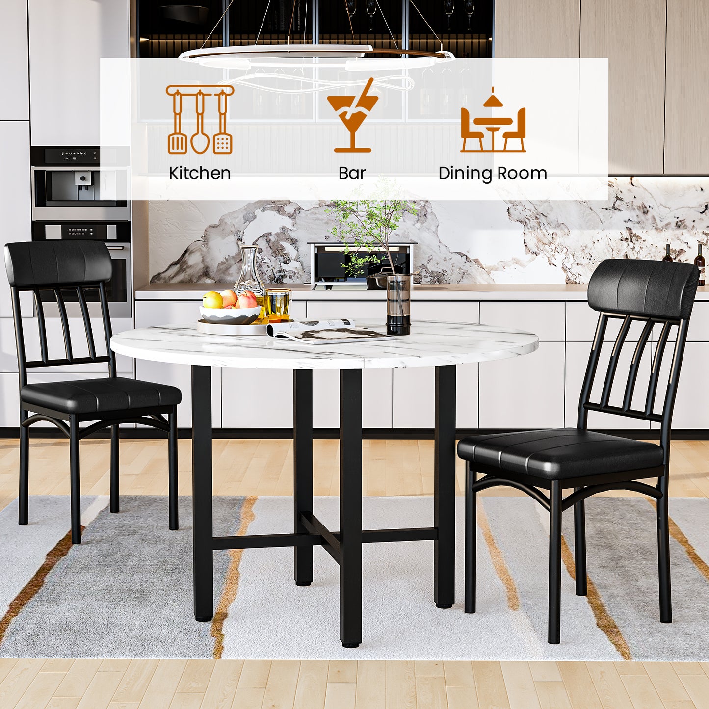 AWQM Round Dining Table Set for 4, Wood Circle Kitchen Table and Chairs Set for 4, Modern Dining Room Sets with 4 Faux Leather Chairs, Round Dinner Table for Small Space