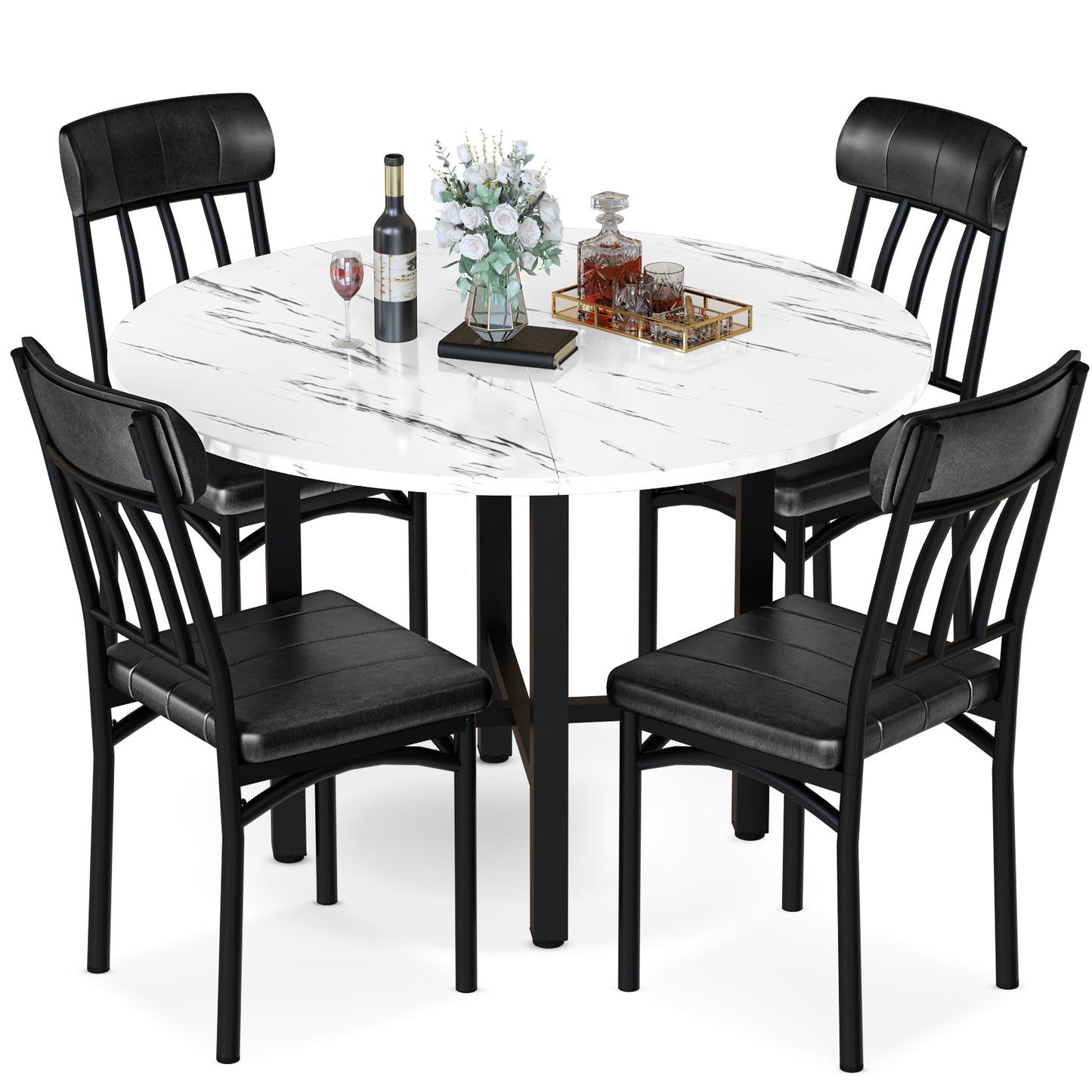 AWQM Round Dining Table Set for 4, Wood Circle Kitchen Table and Chairs Set for 4, Modern Dining Room Sets with 4 Faux Leather Chairs, Round Dinner Table for Small Space