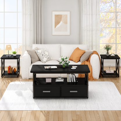 Modern Coffee Table Set of 3, with Storage Shelves and Drawers, Suitable for Small Spaces, Bedrooms, Living Rooms and Apartments.