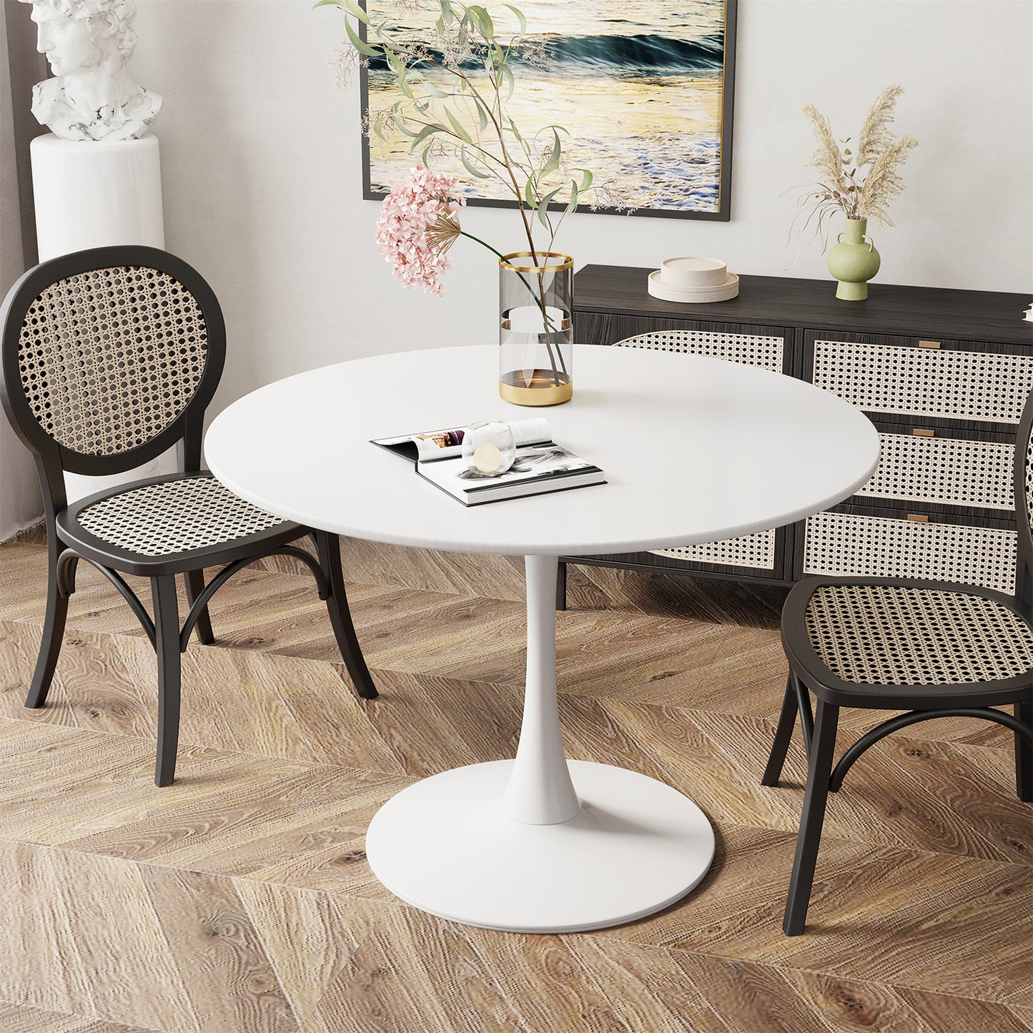 AWQM 39" Round Dining Table – Modern MDF Top with Metal Pedestal Base, Tulip Style Table for 4-6 People