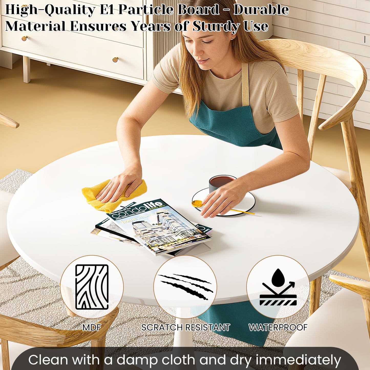 AWQM 39" Round Dining Table – Modern MDF Top with Metal Pedestal Base, Tulip Style Table for 4-6 People