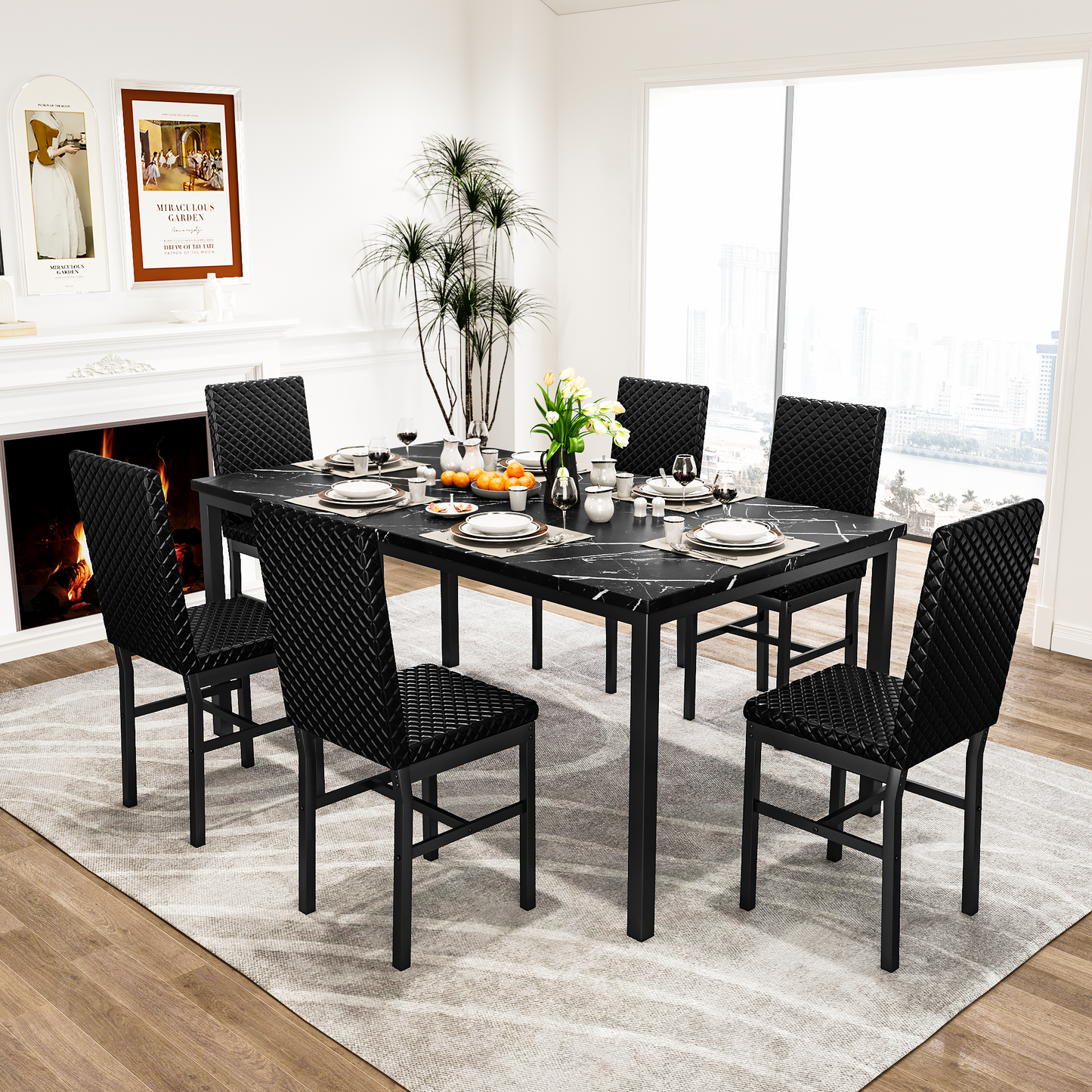 AWQM 7-piece dining table set for 6, faux marble kitchen table with 6 PU leather chairs