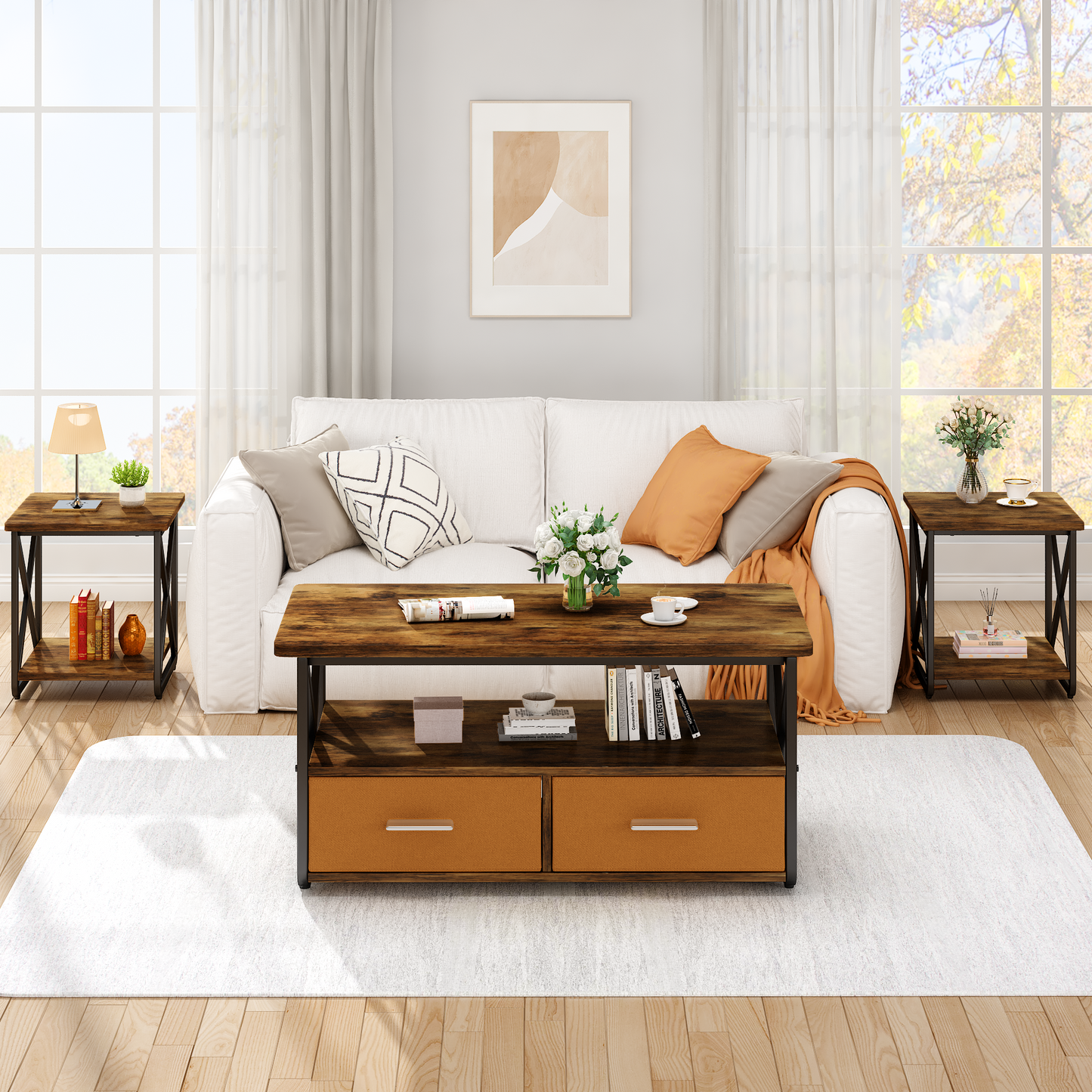 Modern Coffee Table Set of 3, with Storage Shelves and Drawers, Suitable for Small Spaces, Bedrooms, Living Rooms and Apartments.