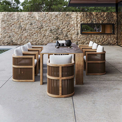 AWQM Outdoor Dinner 6 Persons with Rectangular Table and Rope Woven Armchair, in Natural Set of 7