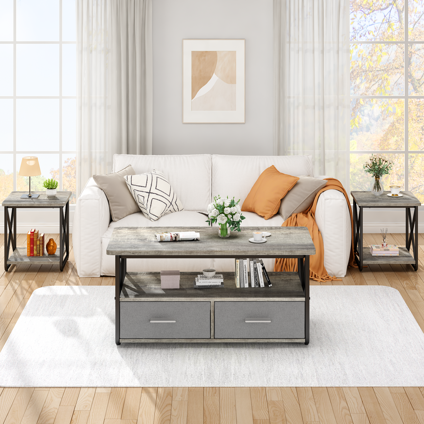 Modern Coffee Table Set of 3, with Storage Shelves and Drawers, Suitable for Small Spaces, Bedrooms, Living Rooms and Apartments.