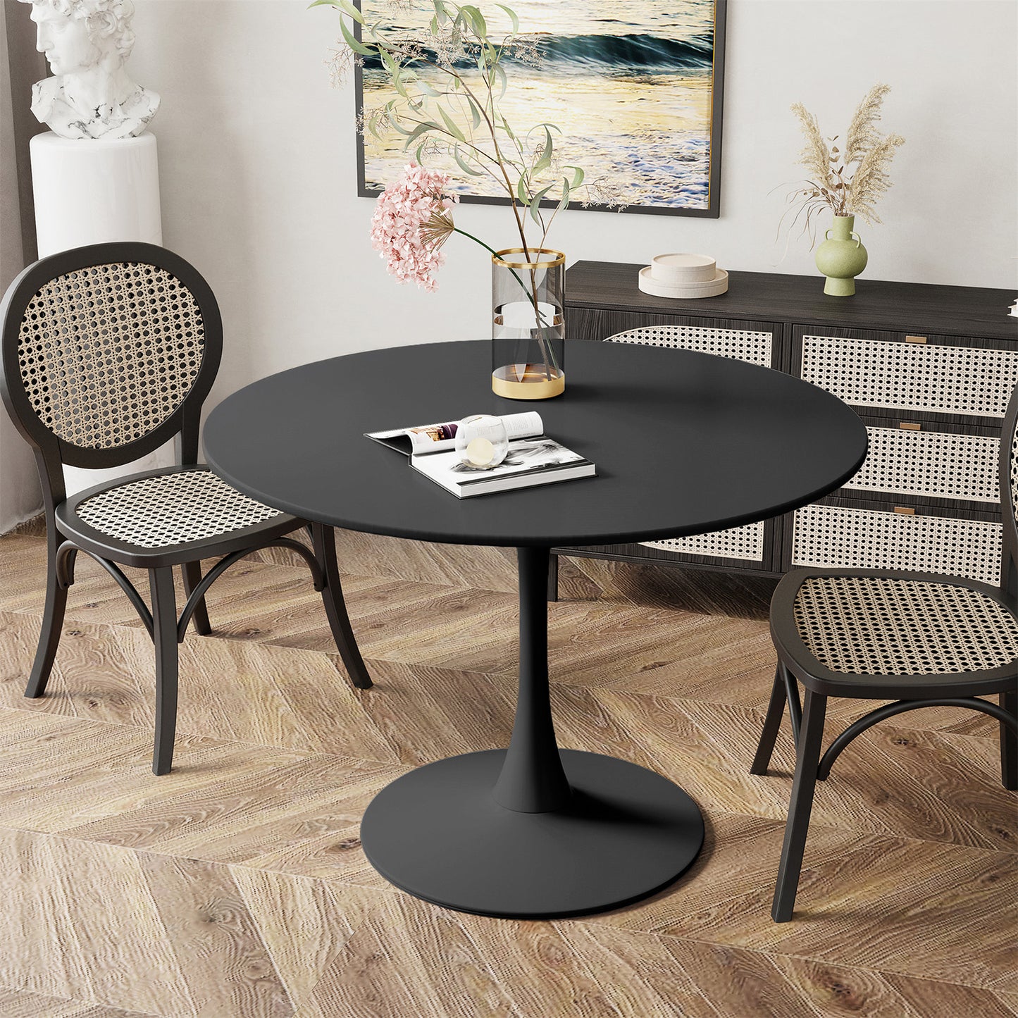 AWQM 39" Round Dining Table – Modern MDF Top with Metal Pedestal Base, Tulip Style Table for 4-6 People