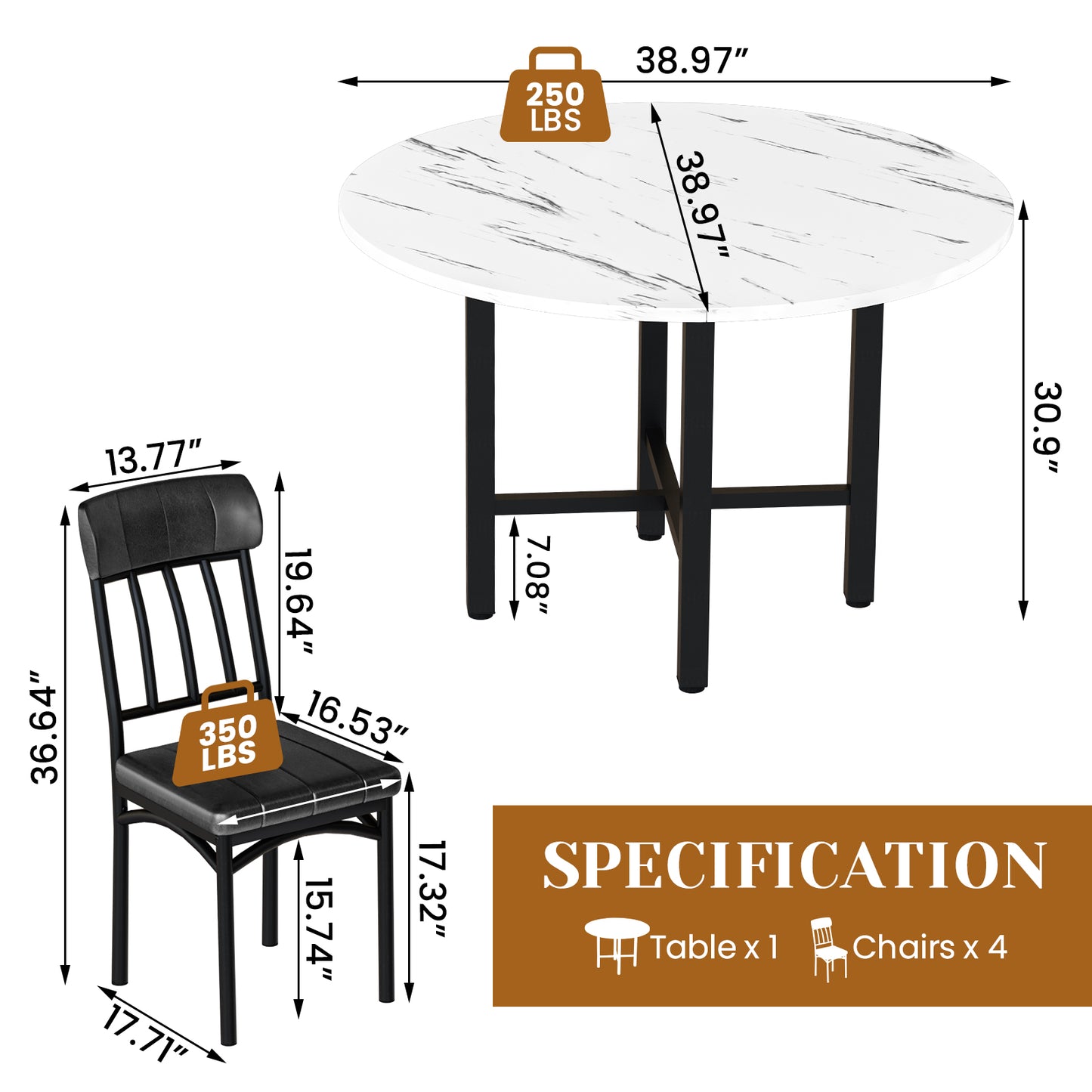 AWQM Round Dining Table Set for 4, Wood Circle Kitchen Table and Chairs Set for 4, Modern Dining Room Sets with 4 Faux Leather Chairs, Round Dinner Table for Small Space