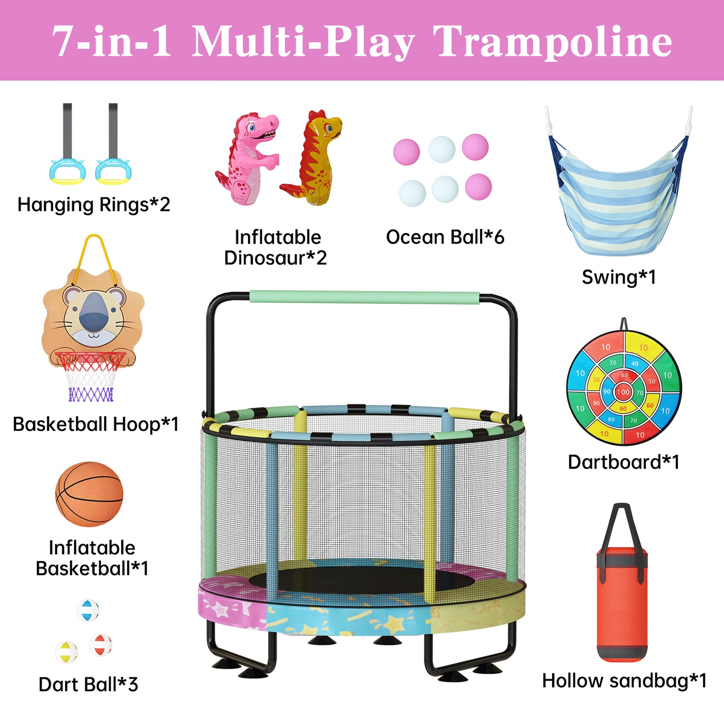 AWQM 55" 7-in-1 Round Trampoline for Kids Boys & Girls Ages 1-8, Indoor & Outdoor Trampoline for Fun, Adjustable Height Handrail ＆ Enclosed Safety Net ＆ Durable Designs for Toddlers Children