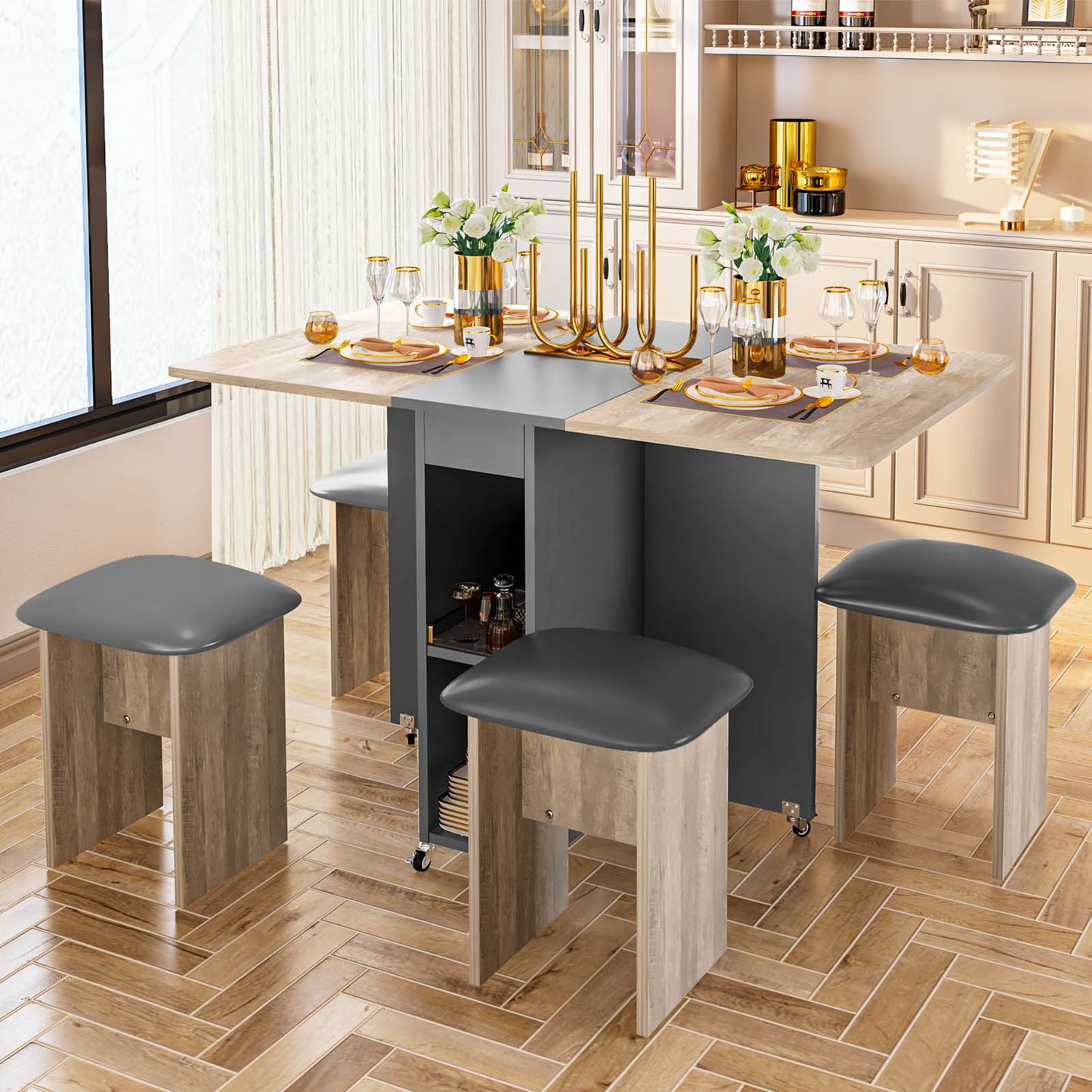 AWQM Folding Dining Table Set for 4, Dinner Table with 4 Leather Chairs and Shelves, Space Saving Foldable Dining Table with 6 Wheels, Kitchen Table Set for Small Spaces