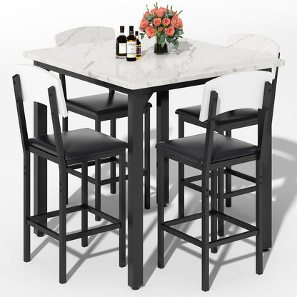 AWQM 5 Piece Dining Table Set, Dining Table Set for 4, Marble Table and 4 Upholstered Leather Chairs, Compact Dining Table Set for Small Spaces, Apartments, Kitchens, Dining Rooms. White