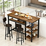 AWQM Bar Table and Chairs Set with Backrest for 2, Kitchen Counter Height Table Set with 4 Storage Shelves, Modern Pub Table with 2 PU Upholstered Stools for Kitchen, Dining Room, Rustic Brown+Black
