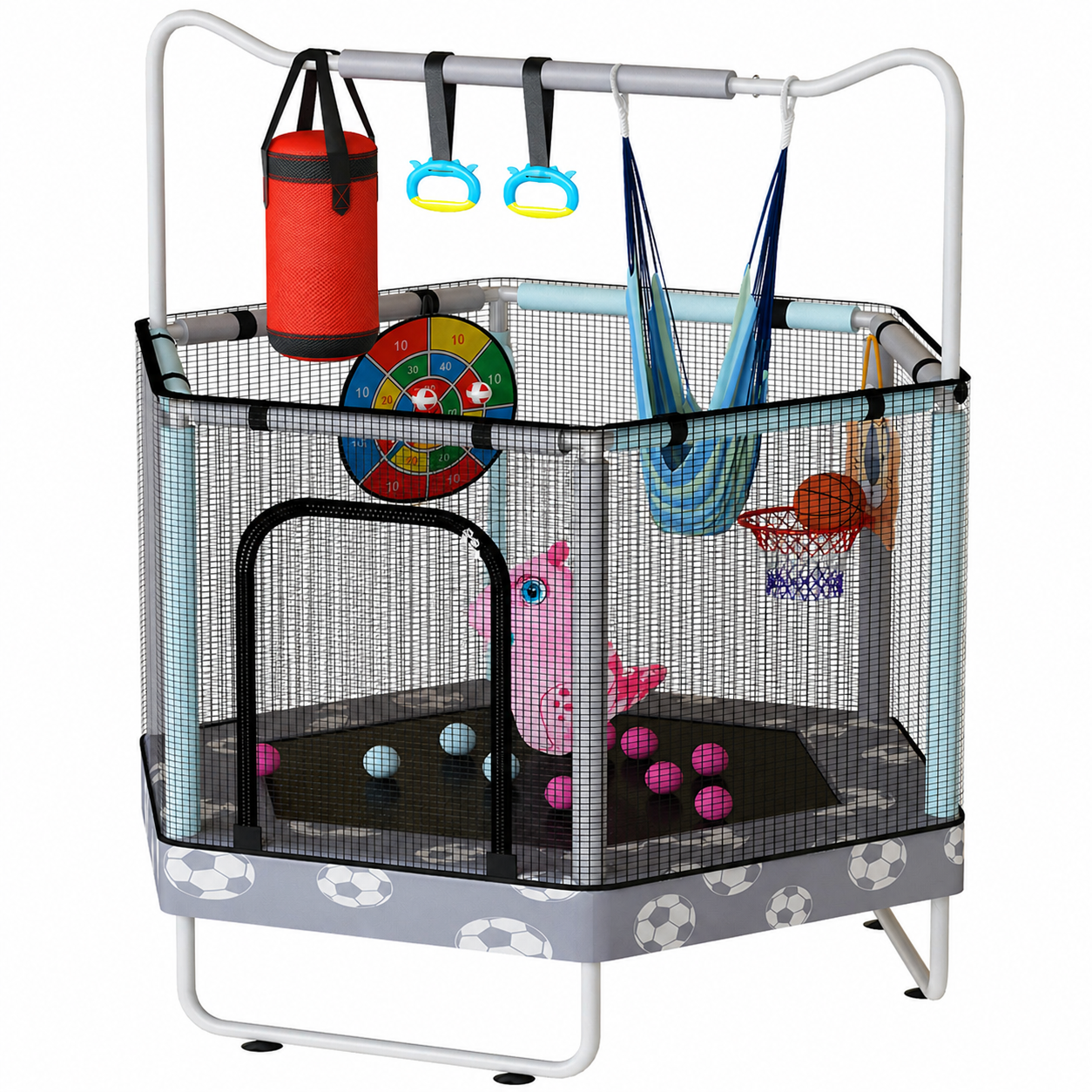 AWQM 55" Hexagon Trampoline, Indoor/Outdoor Trampoline, Safety Enclosure Net and Adjustable Handrail, 500lbs Capacity, 7-in-1