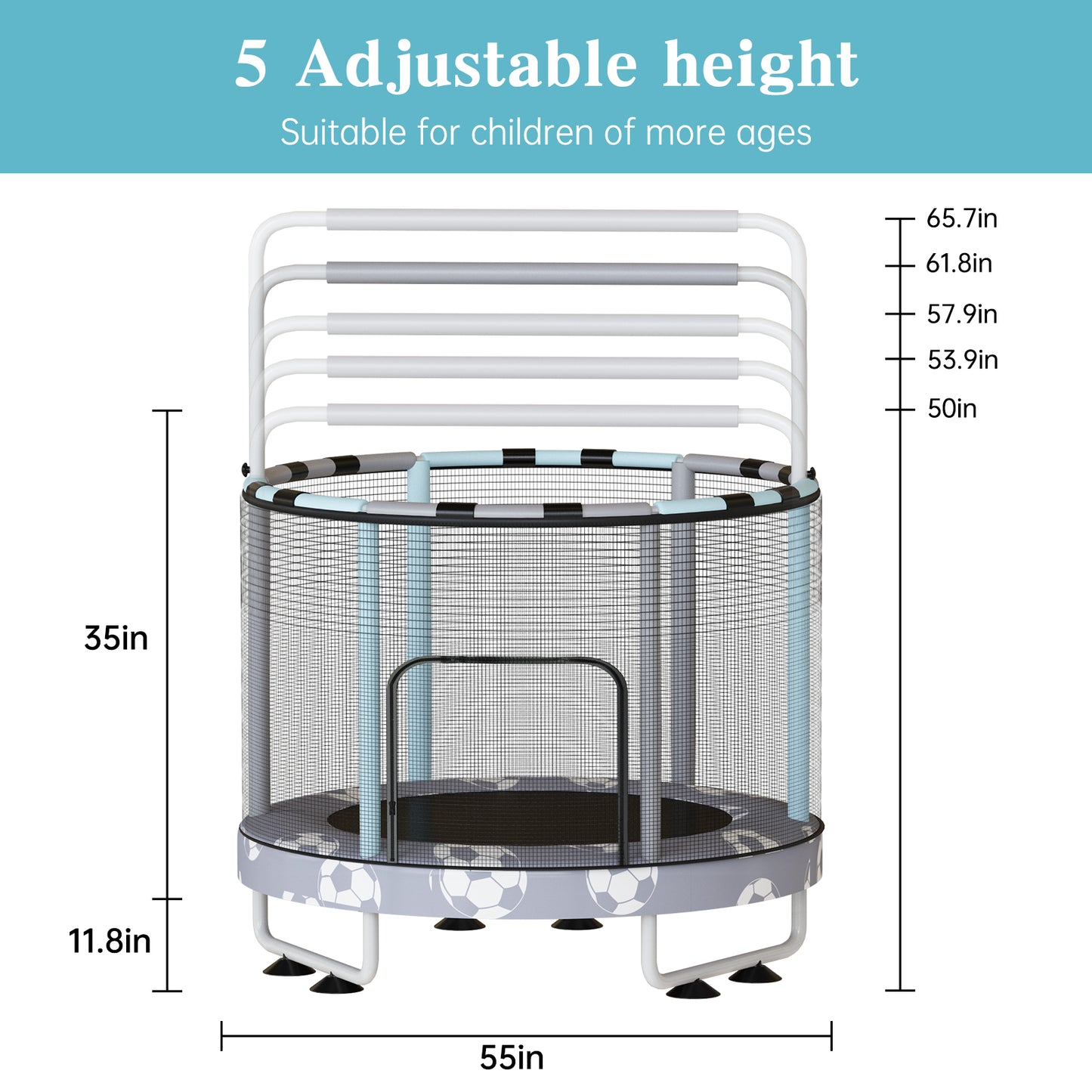 AWQM 55" 7-in-1 Round Trampoline for Kids Boys & Girls Ages 1-8, Indoor & Outdoor Trampoline for Fun, Adjustable Height Handrail ＆ Enclosed Safety Net ＆ Durable Designs for Toddlers Children