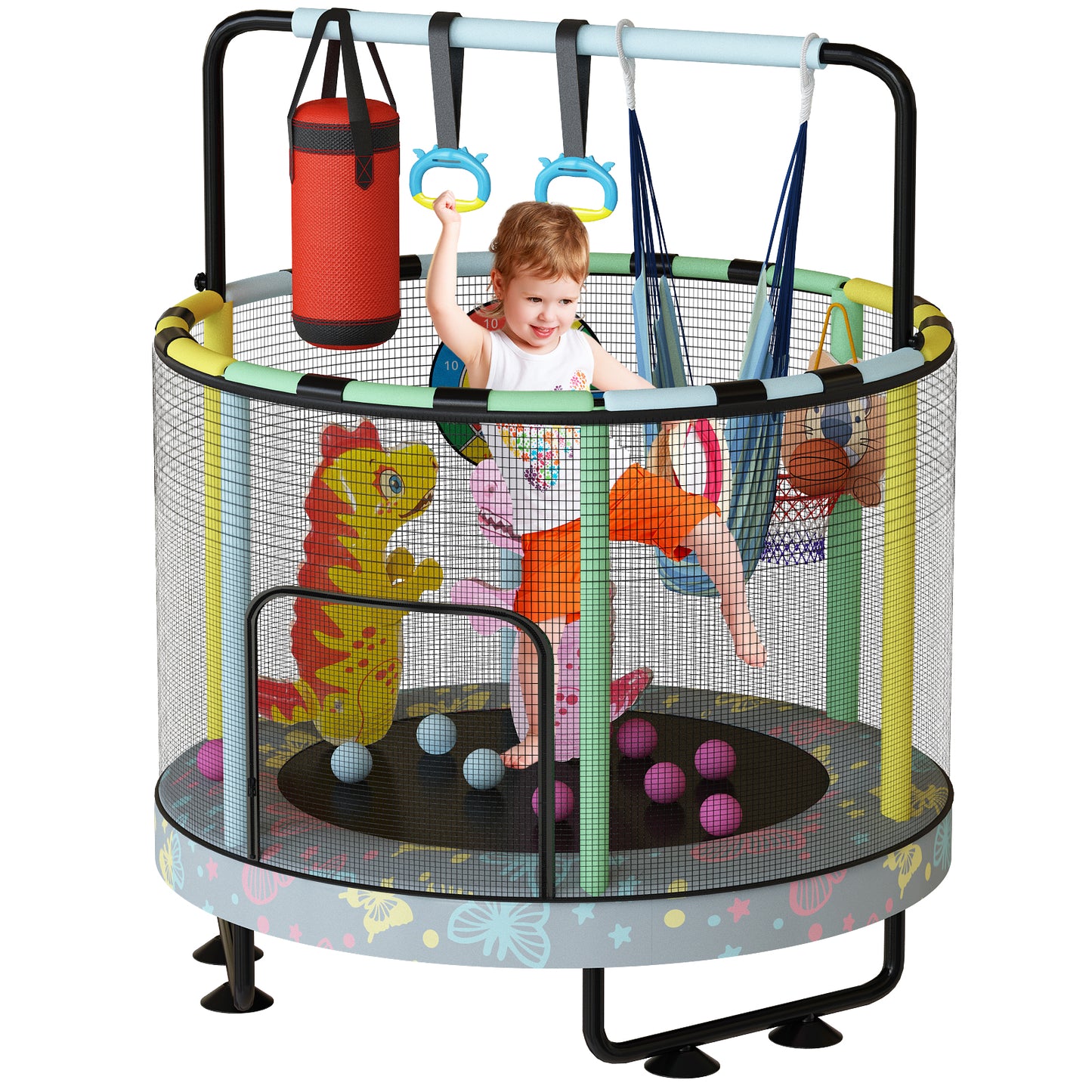AWQM 55" 7-in-1 Round Trampoline for Kids Boys & Girls Ages 1-8, Indoor & Outdoor Trampoline for Fun, Adjustable Height Handrail ＆ Enclosed Safety Net ＆ Durable Designs for Toddlers Children