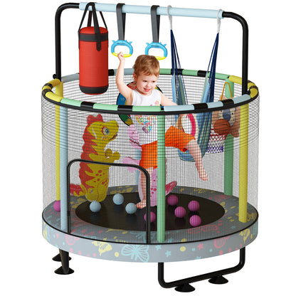 AWQM 55" 7-in-1 Round Trampoline for Kids Boys & Girls Ages 1-8, Indoor & Outdoor Trampoline for Fun, Adjustable Height Handrail ＆ Enclosed Safety Net ＆ Durable Designs for Toddlers Children