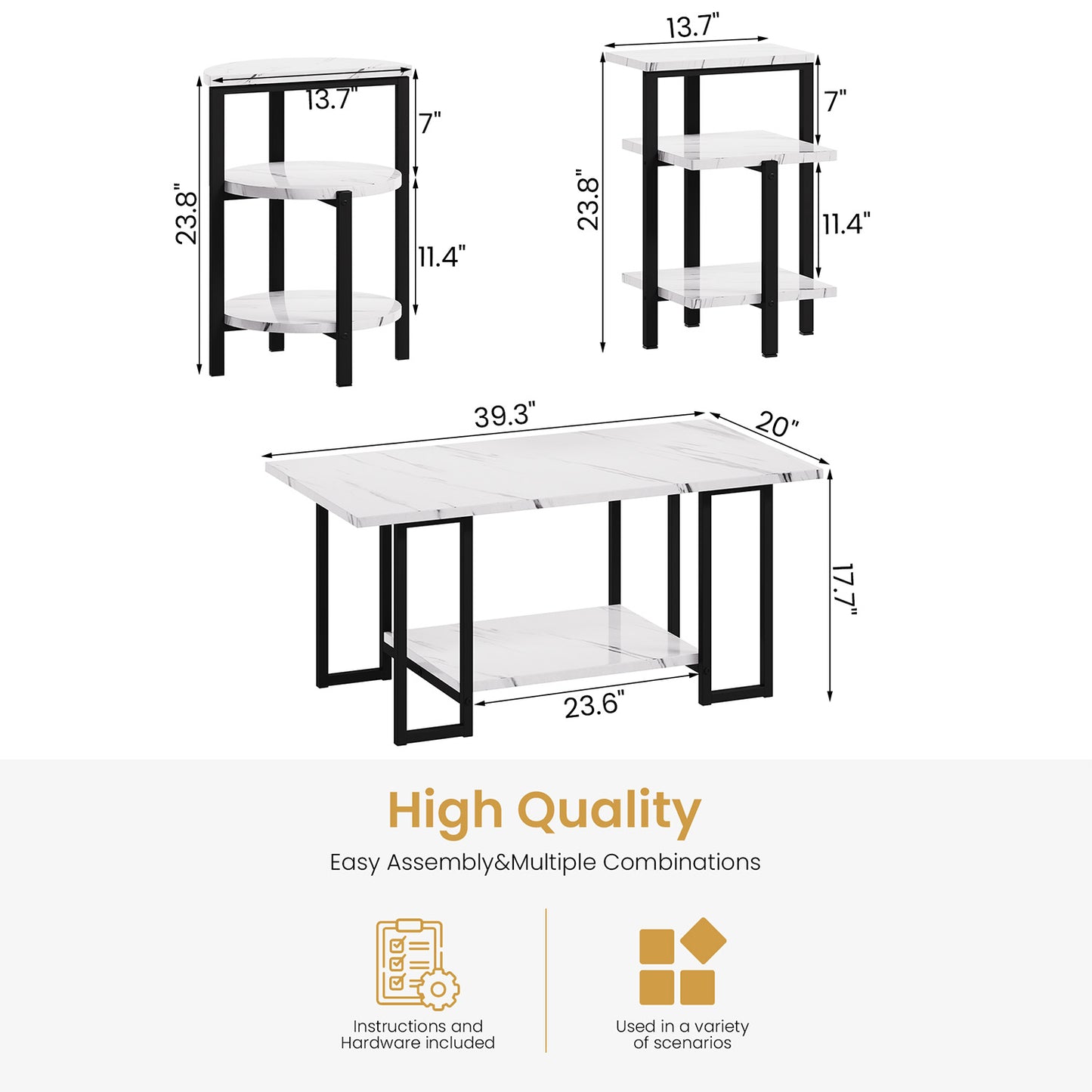AWQM Faux Marble Table Set,Coffee Table & 2 Side Table, Faux Marble Tabletop and Metal Frame, 3 Piece Table Sets, for Living Room Apartment