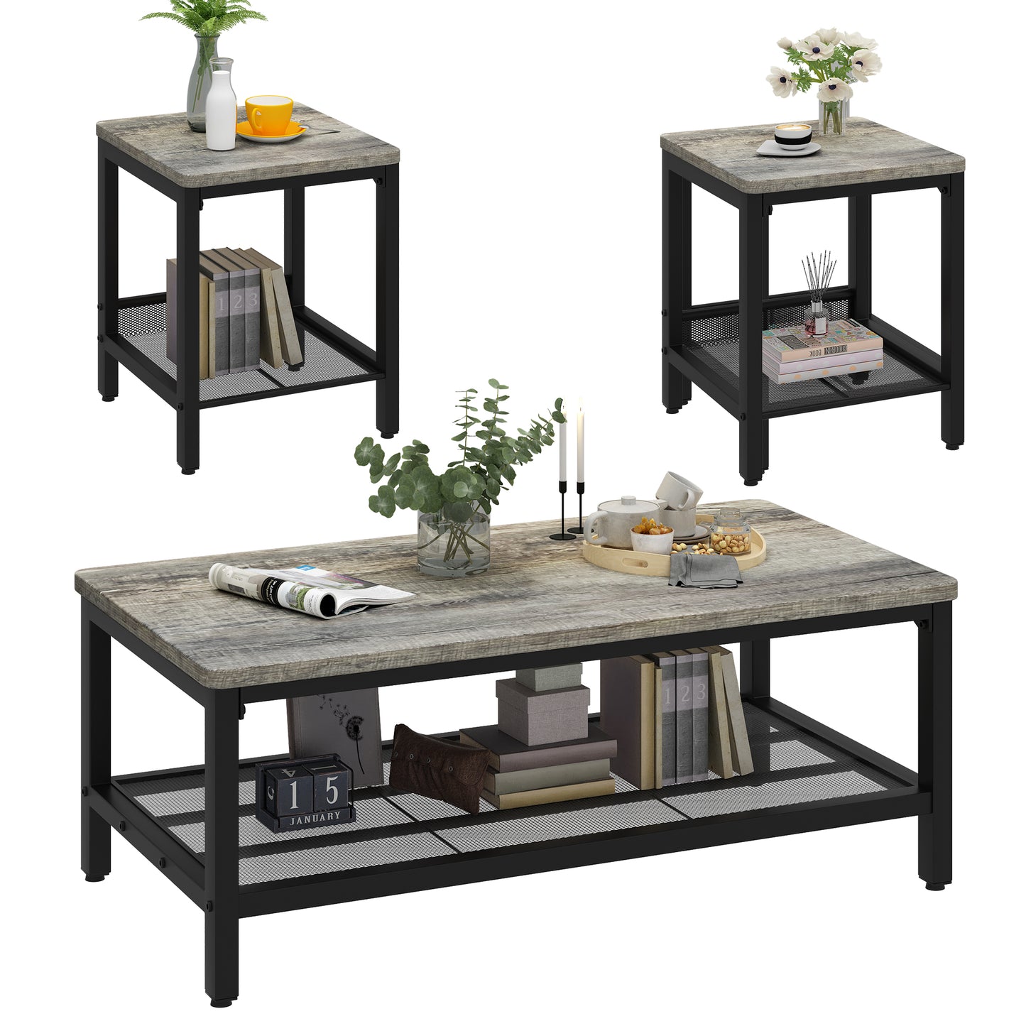 AWQM 3 Pieces Coffee Table Set, Industrial Coffee Table with 2 Square End Side Tables, Modern Living Room Table Set with Metal Frame for Apartment Home Office, Black