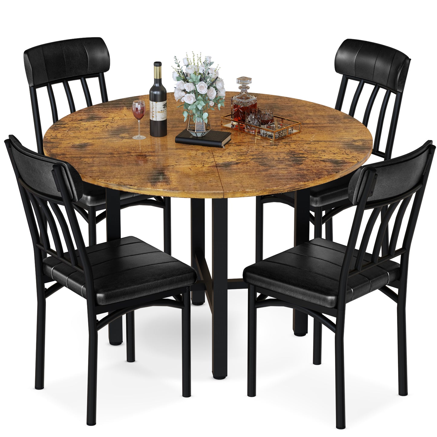 AWQM Round Dining Table Set for 4, Wood Circle Kitchen Table and Chairs Set for 4, Modern Dining Room Sets with 4 Faux Leather Chairs, Round Dinner Table for Small Space