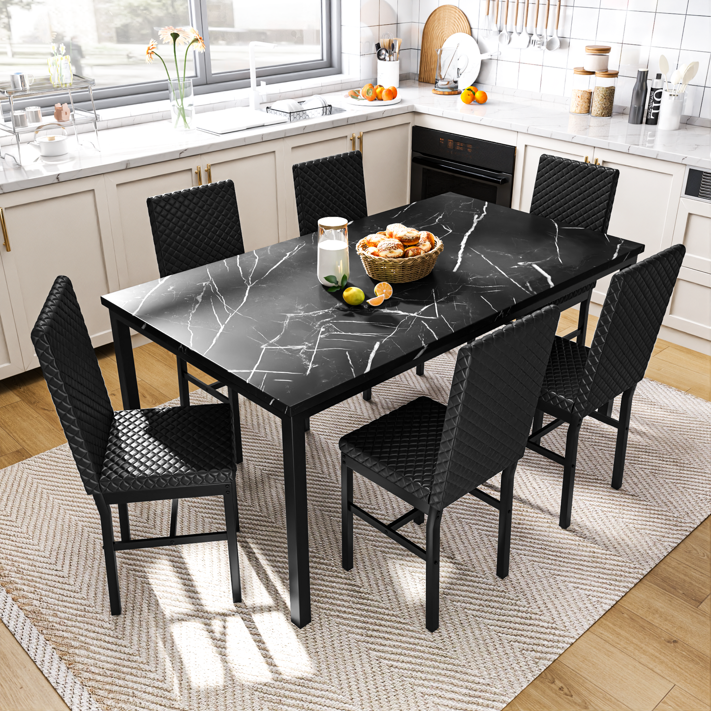 AWQM 7-piece dining table set for 6, faux marble kitchen table with 6 PU leather chairs