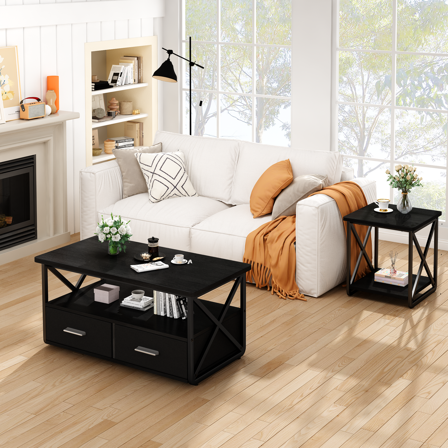 Modern Coffee Table Set of 3, with Storage Shelves and Drawers, Suitable for Small Spaces, Bedrooms, Living Rooms and Apartments.