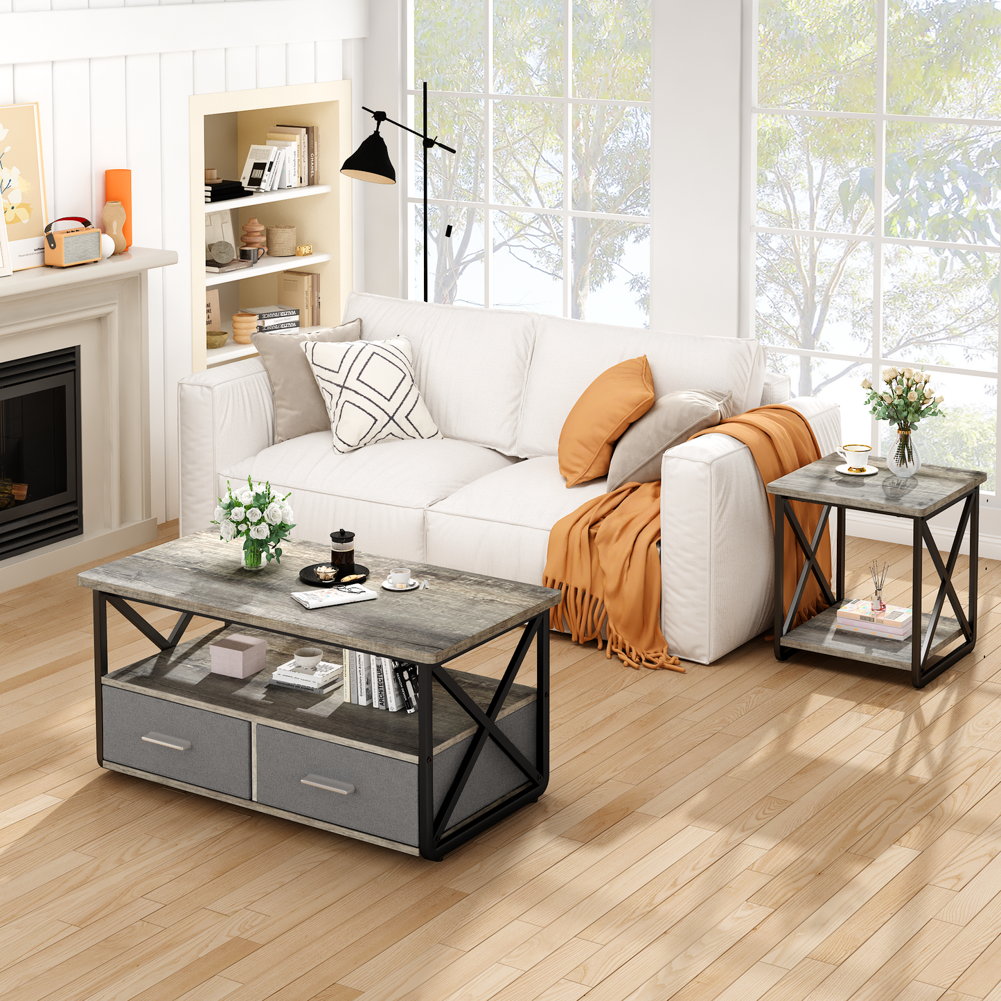 Modern Coffee Table Set of 3, with Storage Shelves and Drawers, Suitable for Small Spaces, Bedrooms, Living Rooms and Apartments.