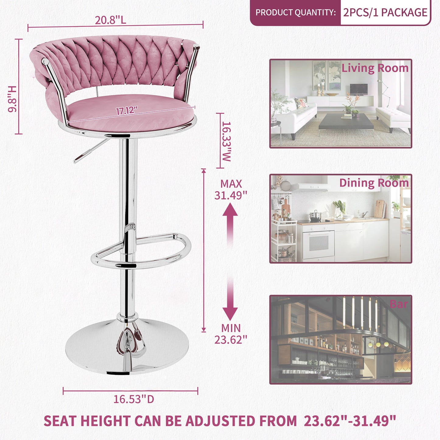 AWQM Velvet Bar Stools Set of 2 - Adjustable Height Swivel Kitchen Stools with Low Back for Dining Room, Breakfast Bar, Home Decor, and Entertaining Guests