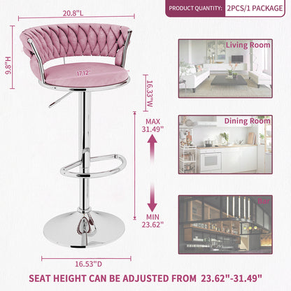 AWQM Velvet Bar Stools Set of 2 - Adjustable Height Swivel Kitchen Stools with Low Back for Dining Room, Breakfast Bar, Home Decor, and Entertaining Guests