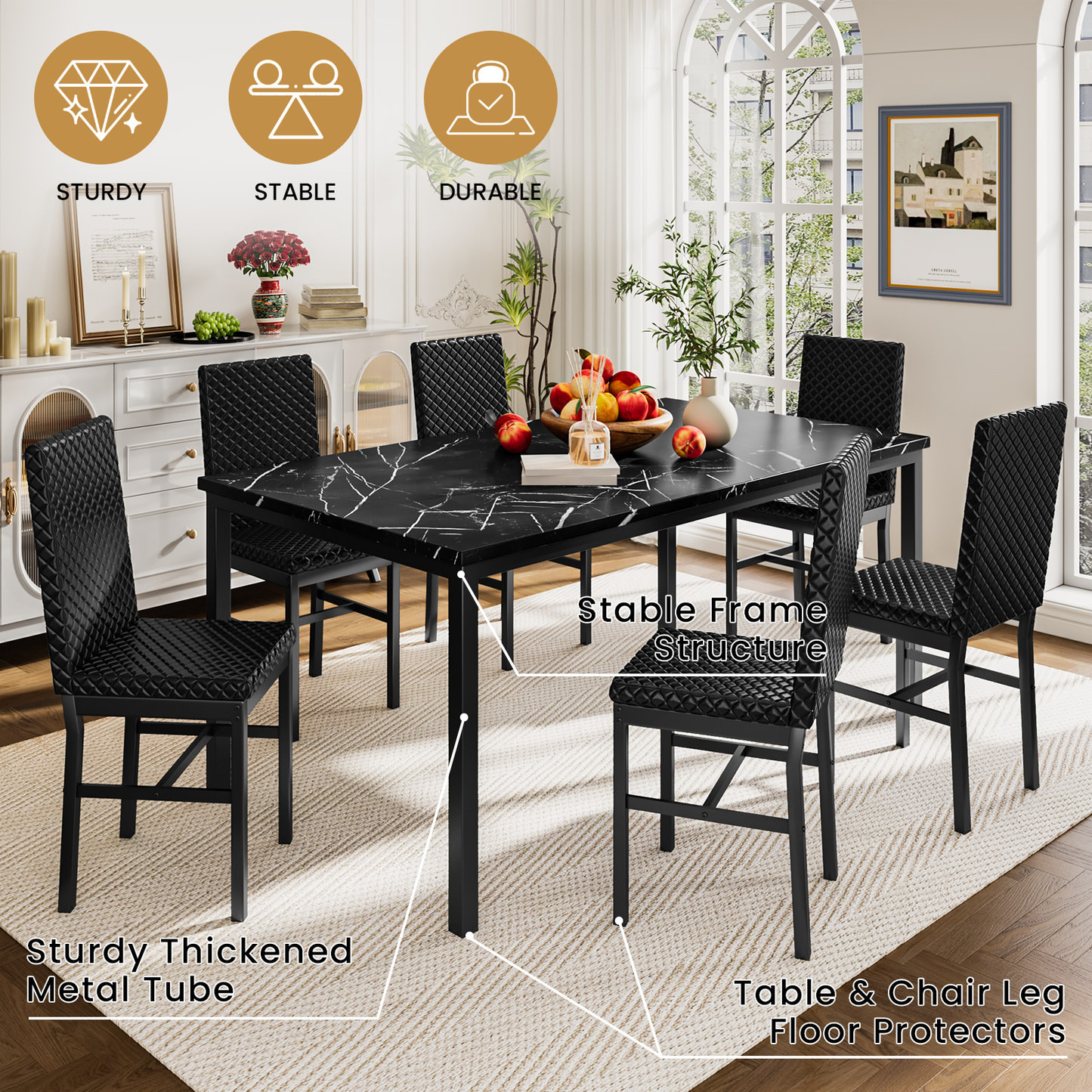 AWQM 7-piece dining table set for 6, faux marble kitchen table with 6 PU leather chairs