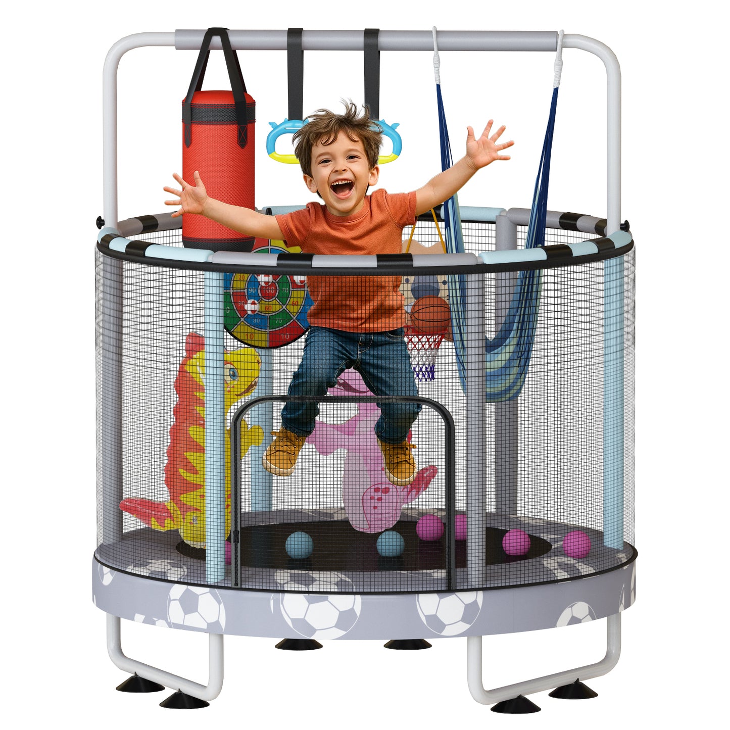 AWQM 55" 7-in-1 Round Trampoline for Kids Boys & Girls Ages 1-8, Indoor & Outdoor Trampoline for Fun, Adjustable Height Handrail ＆ Enclosed Safety Net ＆ Durable Designs for Toddlers Children