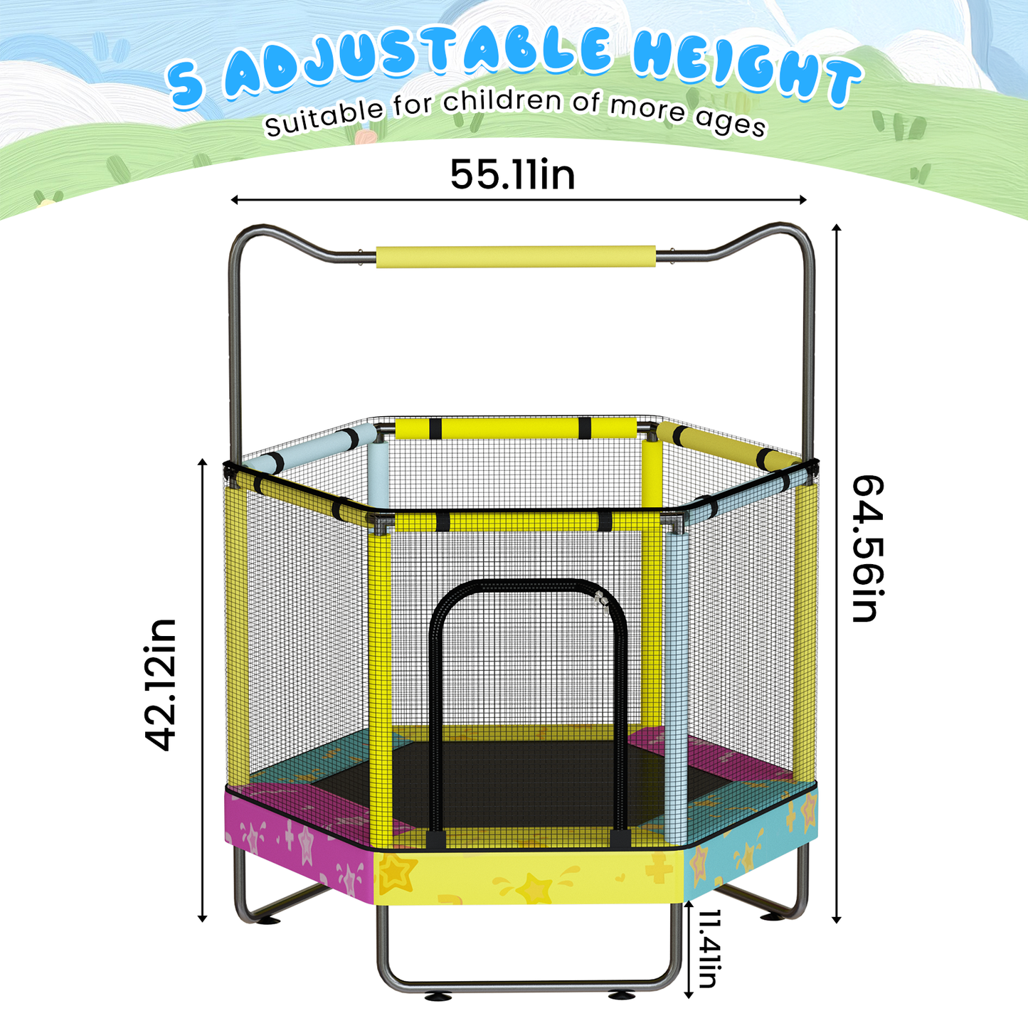 AWQM 55" Hexagon Trampoline, Indoor/Outdoor Trampoline, Safety Enclosure Net and Adjustable Handrail, 500lbs Capacity, 7-in-1