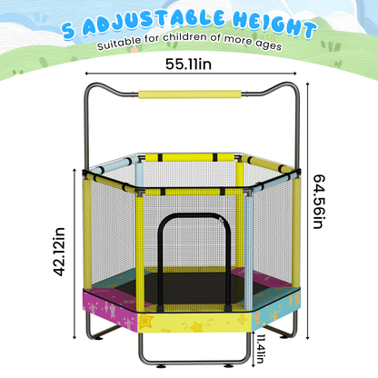 AWQM 55" Hexagon Trampoline, Indoor/Outdoor Trampoline, Safety Enclosure Net and Adjustable Handrail, 500lbs Capacity, 7-in-1
