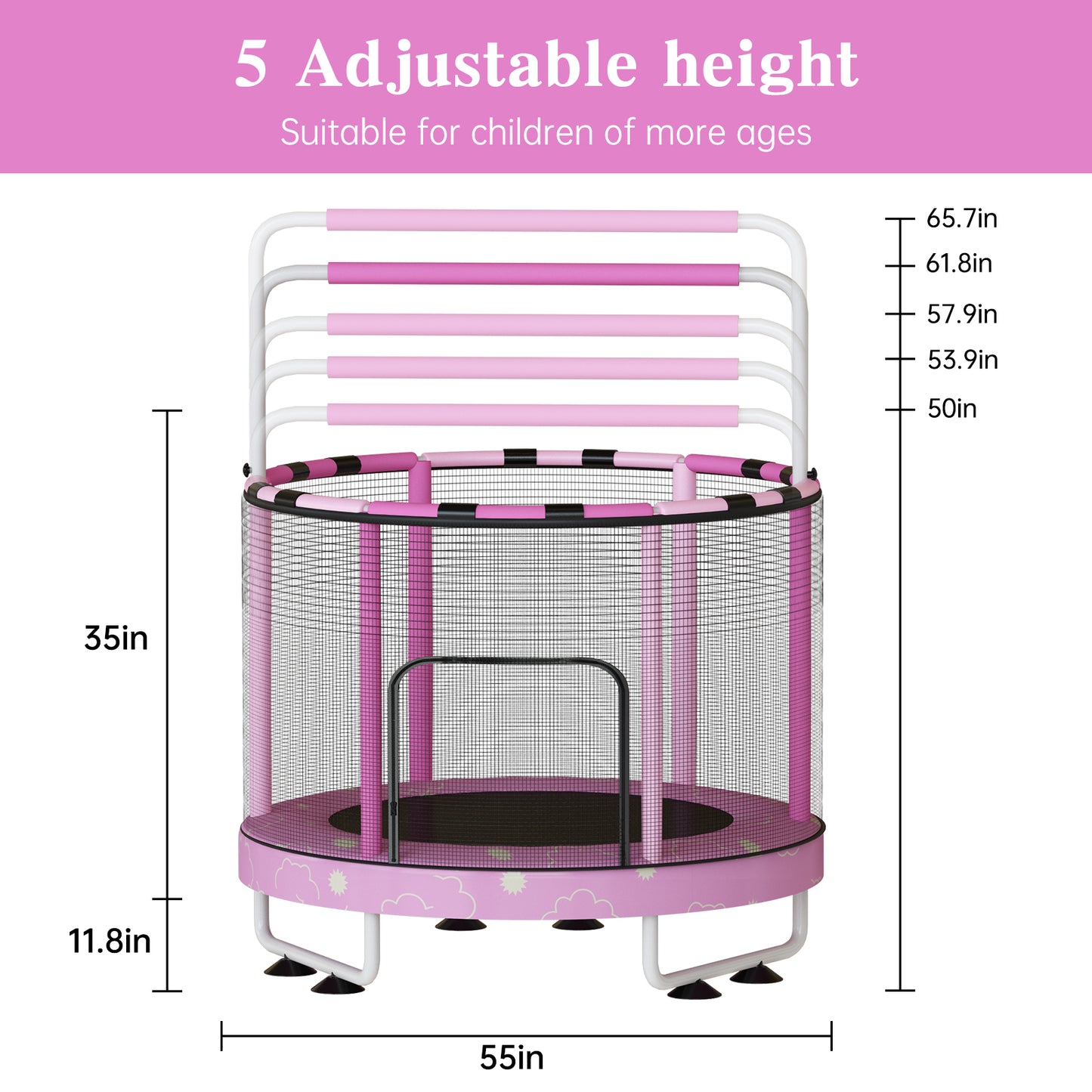 AWQM 55" 7-in-1 Round Trampoline for Kids Boys & Girls Ages 1-8, Indoor & Outdoor Trampoline for Fun, Adjustable Height Handrail ＆ Enclosed Safety Net ＆ Durable Designs for Toddlers Children