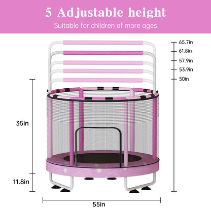 AWQM 55" 7-in-1 Round Trampoline for Kids Boys & Girls Ages 1-8, Indoor & Outdoor Trampoline for Fun, Adjustable Height Handrail ＆ Enclosed Safety Net ＆ Durable Designs for Toddlers Children