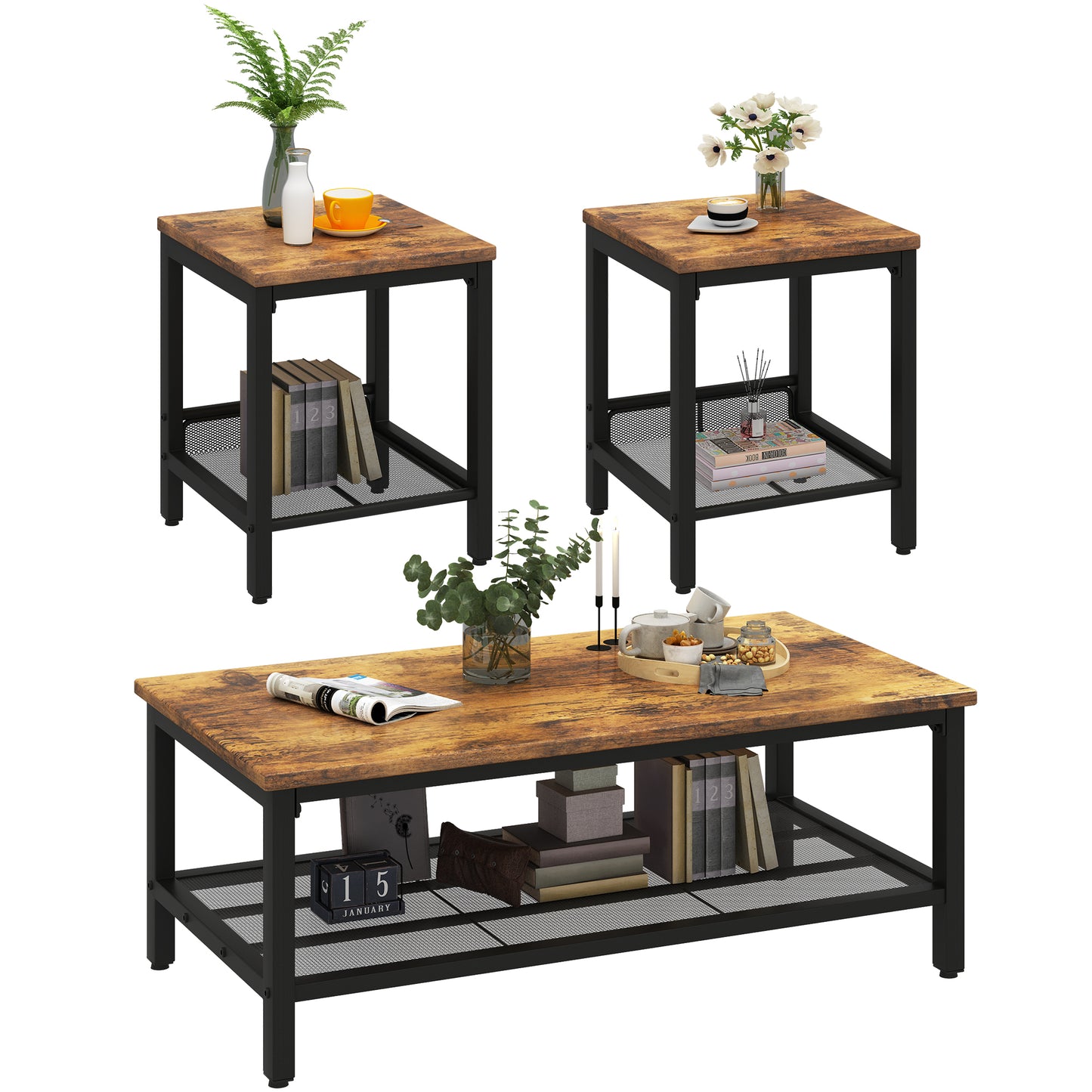 AWQM 3 Pieces Coffee Table Set, Industrial Coffee Table with 2 Square End Side Tables, Modern Living Room Table Set with Metal Frame for Apartment Home Office, Black