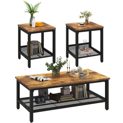 AWQM 3 Pieces Coffee Table Set, Industrial Coffee Table with 2 Square End Side Tables, Modern Living Room Table Set with Metal Frame for Apartment Home Office, Black