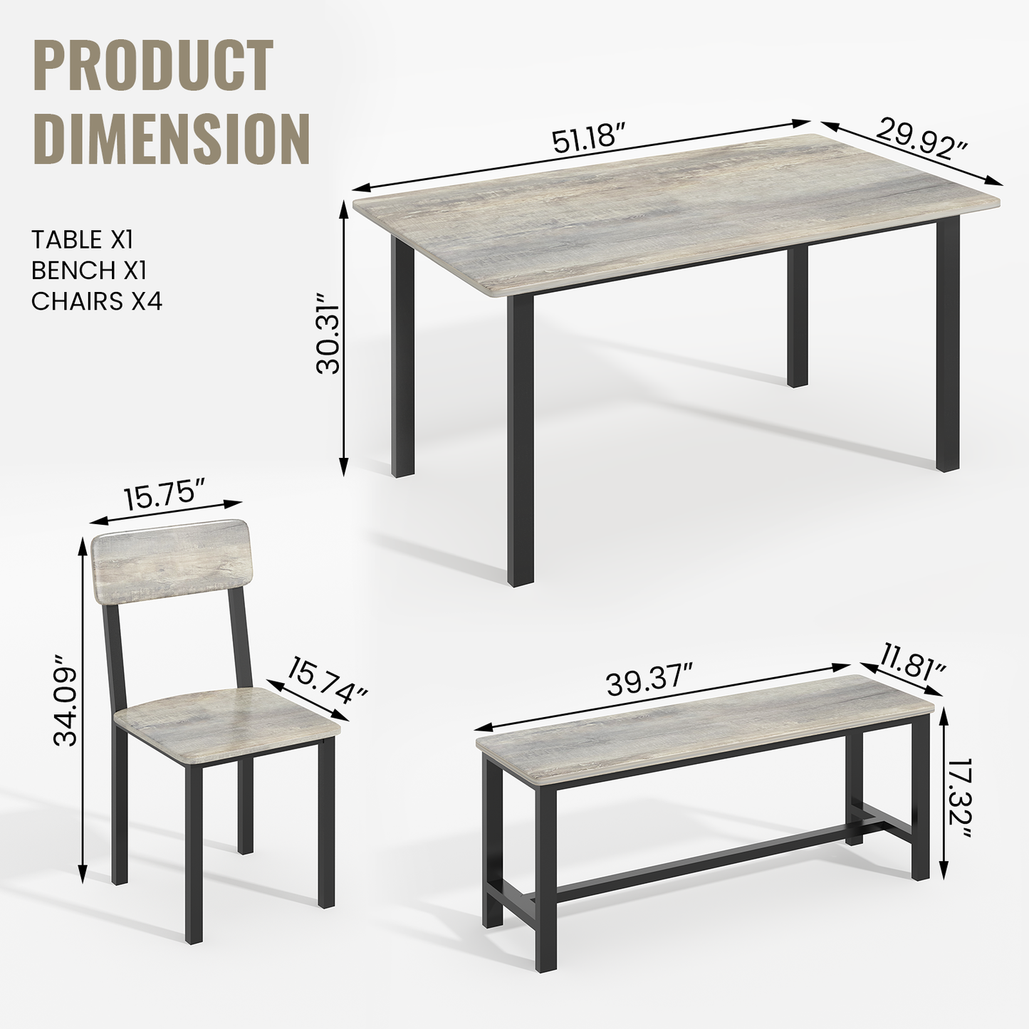 AWQM 6-Piece Dining Set, Modern Dining Table Set for 4-6,Kitchen Table Set with Chairs and Bench,Dining Room Table Set with Metal Frame & MDF Board, Table & Chairs Set for Small Space,Apartment,Grey