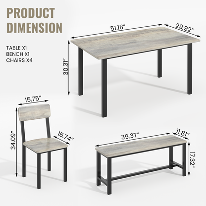 AWQM 6-Piece Dining Set, Modern Dining Table Set for 4-6,Kitchen Table Set with Chairs and Bench,Dining Room Table Set with Metal Frame & MDF Board, Table & Chairs Set for Small Space,Apartment,Grey