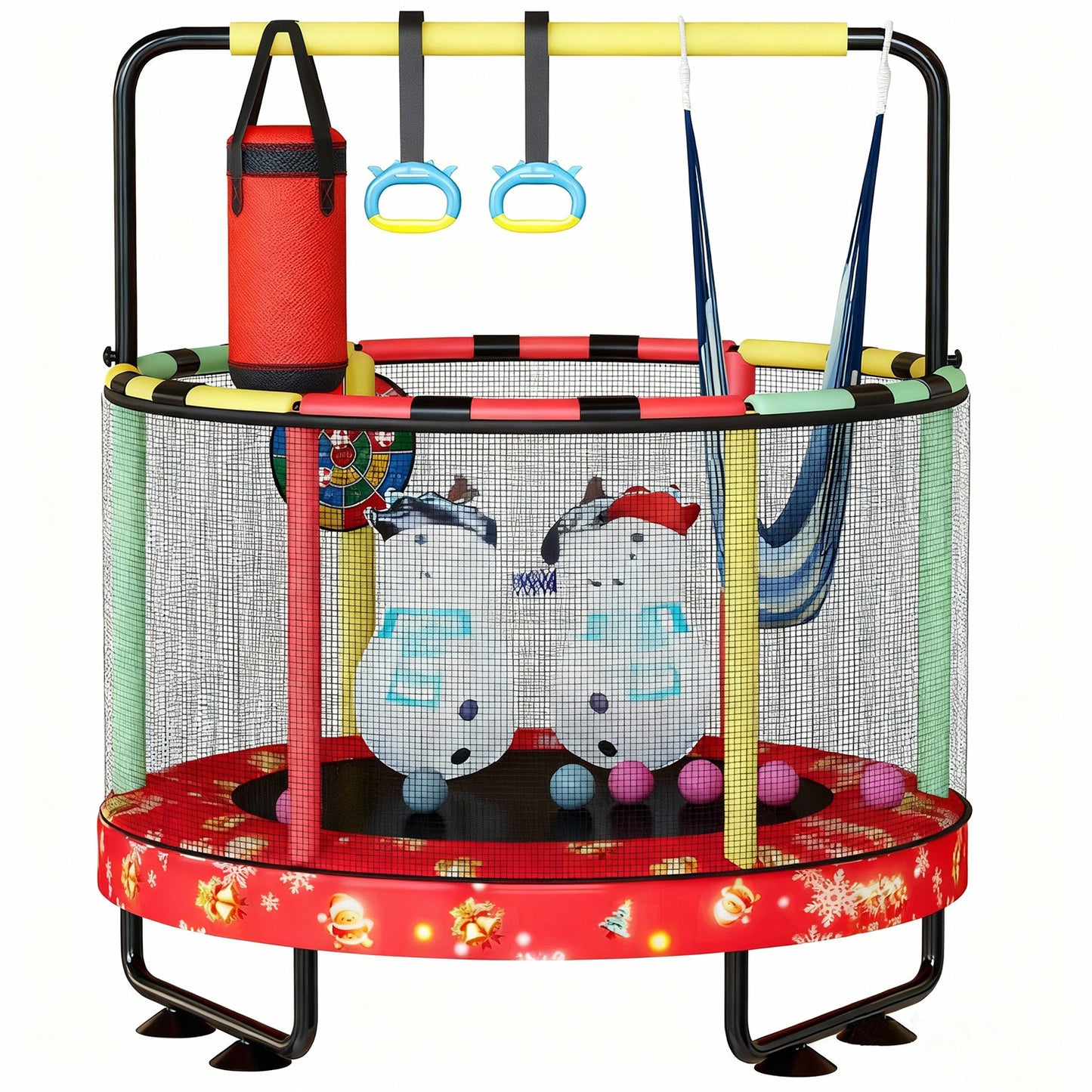 AWQM 55" 7-in-1 Round Trampoline for Kids Boys & Girls Ages 1-8, Indoor & Outdoor Trampoline for Fun, Adjustable Height Handrail ＆ Enclosed Safety Net ＆ Durable Designs for Toddlers Children