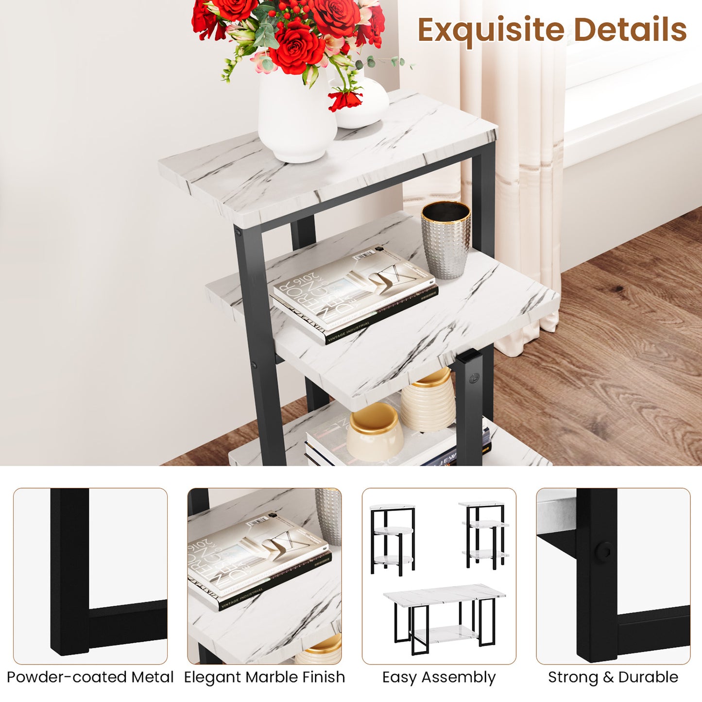 AWQM Faux Marble Table Set,Coffee Table & 2 Side Table, Faux Marble Tabletop and Metal Frame, 3 Piece Table Sets, for Living Room Apartment