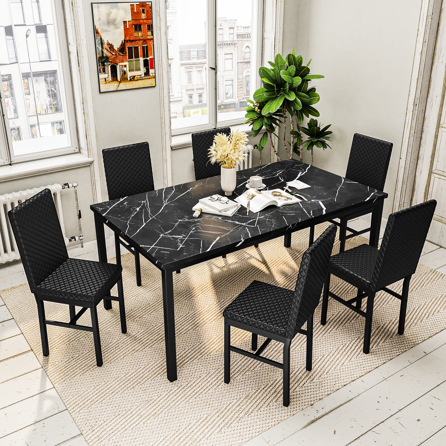 AWQM 7-piece dining table set for 6, faux marble kitchen table with 6 PU leather chairs