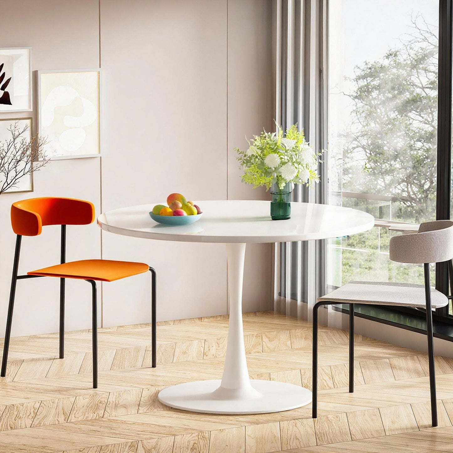 AWQM 39" Round Dining Table – Modern MDF Top with Metal Pedestal Base, Tulip Style Table for 4-6 People