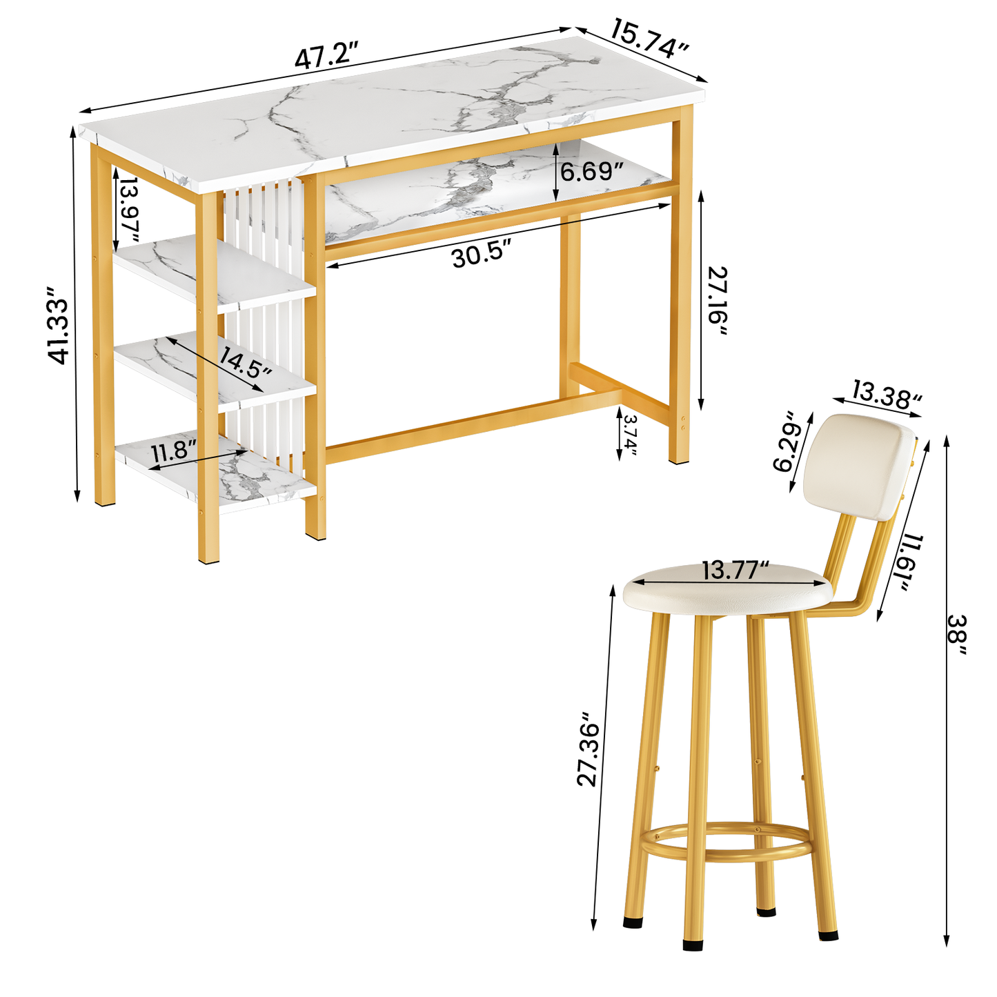 AWQM Bar Table and Chairs Set with Backrest for 2, Kitchen Counter Height Table Set with 4 Storage Shelves, Modern Pub Table with 2 PU Upholstered Stools for Kitchen, Dining Room, Rustic Brown+Black