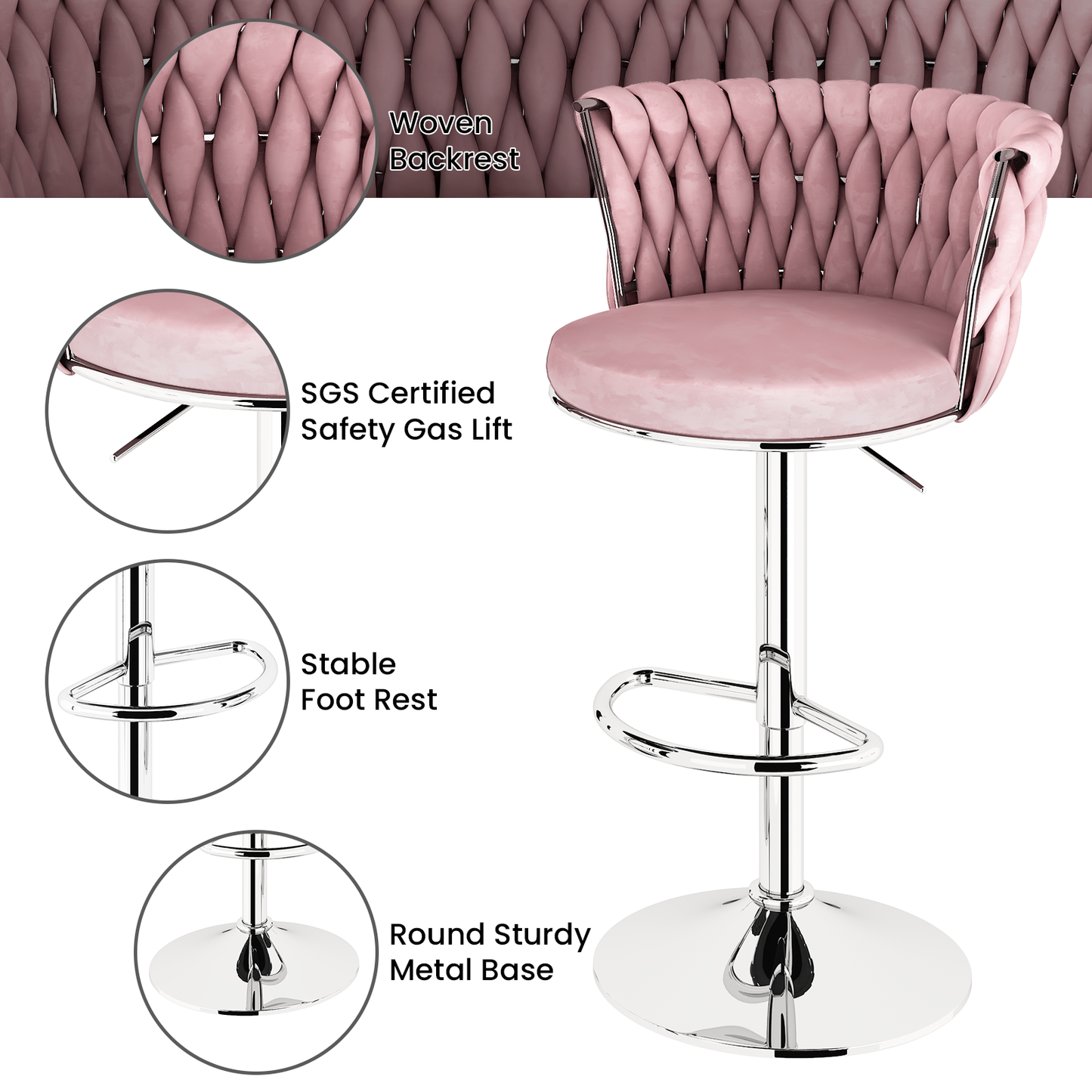 AWQM Velvet Bar Stools Set of 2,Counter Height Barstools Adjustable Kitchen Island Chairs,Swivel Barstool Upholstered Counter Bar Chairs with Back & Footrest