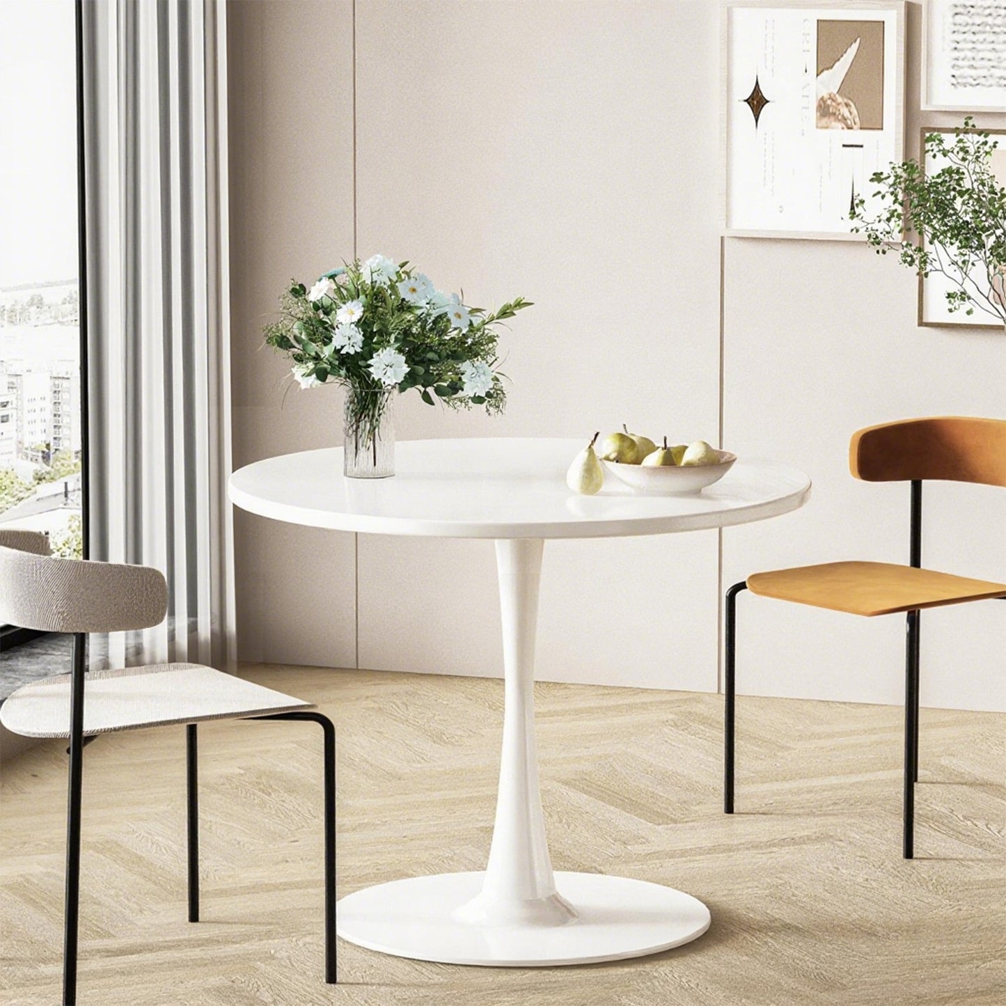 AWQM 31.5" Modern Round Tulip Dining Table with MDF Top & Metal Pedestal Base, Perfect for Dining Room, Kitchen, Living Room, or Café - Seats 2-4 People with 0.71" Thickened Tabletop