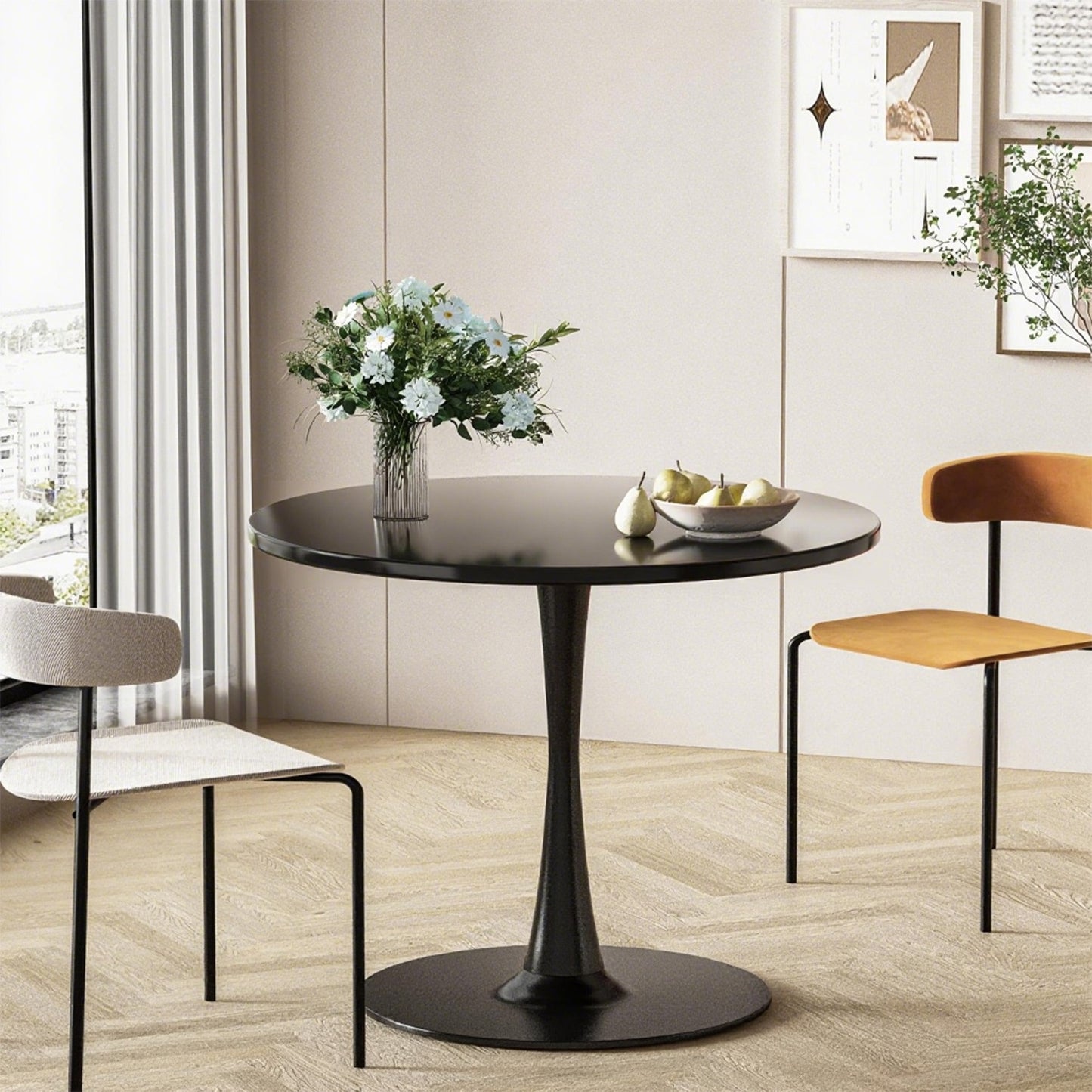 AWQM 31.5" Modern Round Tulip Dining Table with MDF Top & Metal Pedestal Base, Perfect for Dining Room, Kitchen, Living Room, or Café - Seats 2-4 People with 0.71" Thickened Tabletop