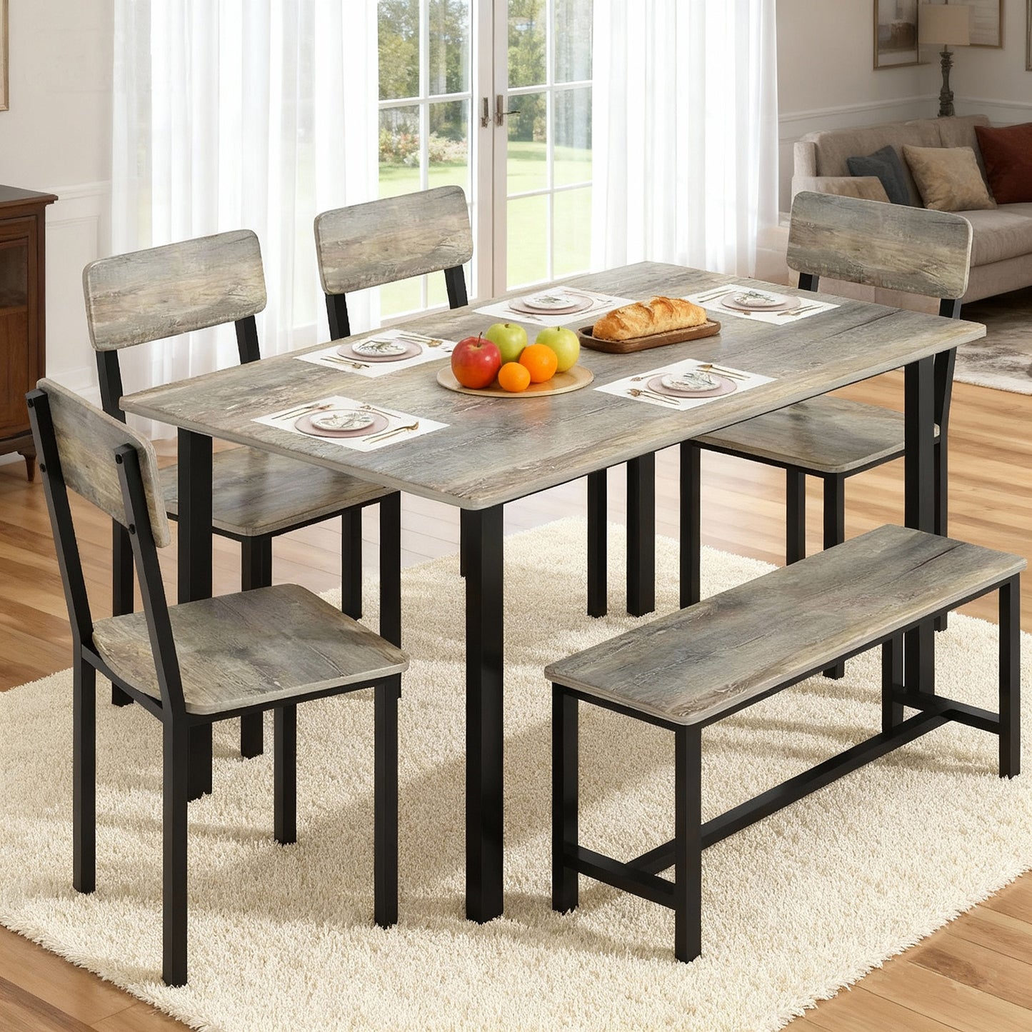 AWQM 6-Piece Dining Set, Modern Dining Table Set for 4-6,Kitchen Table Set with Chairs and Bench,Dining Room Table Set with Metal Frame & MDF Board, Table & Chairs Set for Small Space,Apartment,Grey