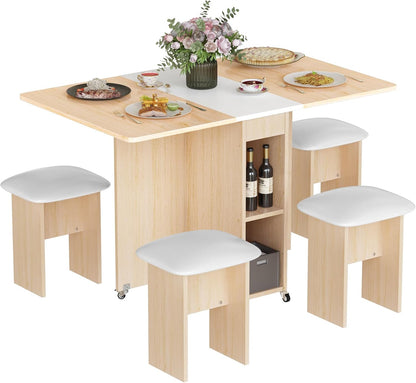 AWQM Folding Dining Table Set for 4, Dinner Table with 4 Leather Chairs and Shelves, Space Saving Foldable Dining Table with 6 Wheels, Kitchen Table Set for Small Spaces
