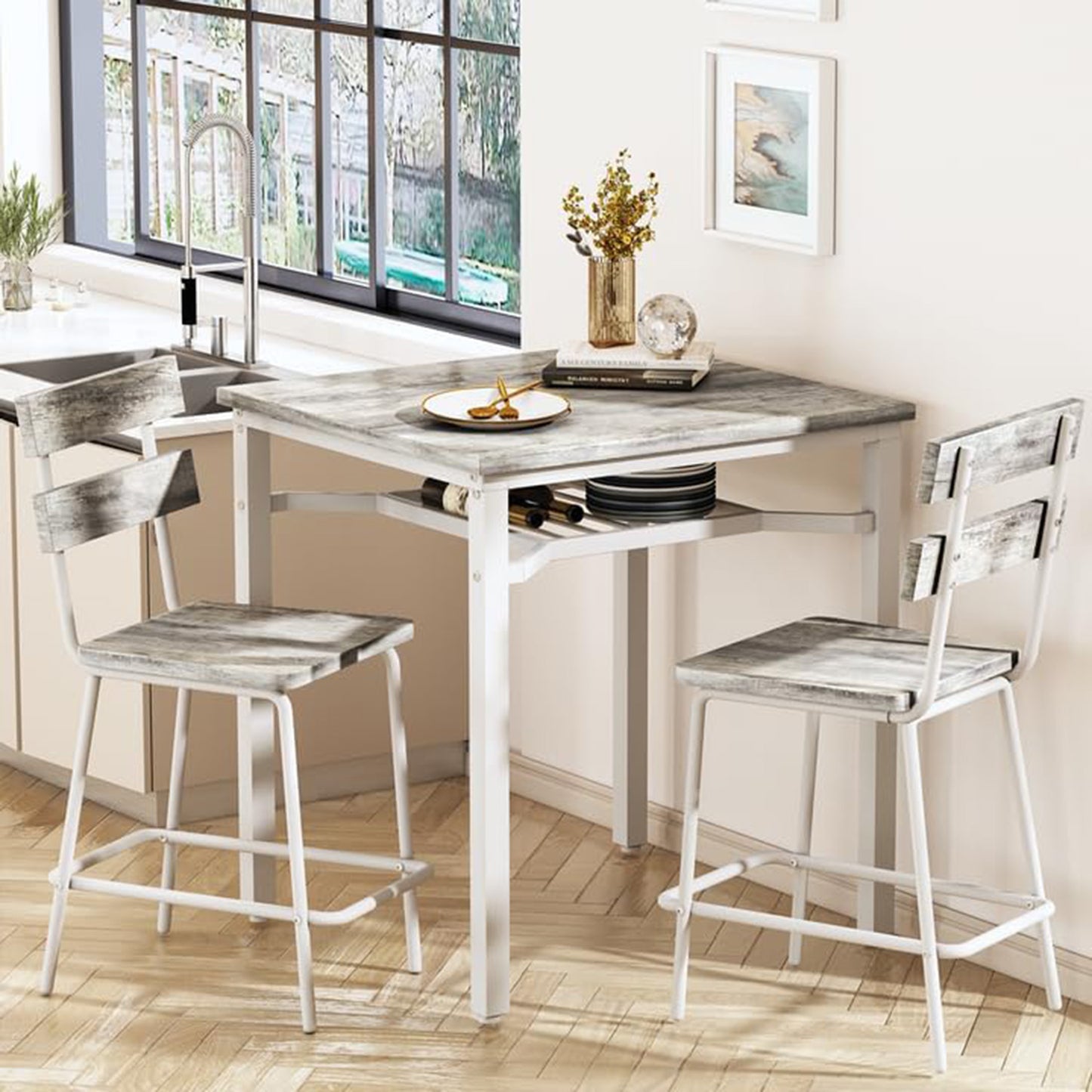 AWQM 3 Piece Bar Table and Chairs Set, Counter Height Small Dining Table with 2 Bar Stools, Farmhouse Square Kitchen Table with Storage for Bistro, Pub, Small Space