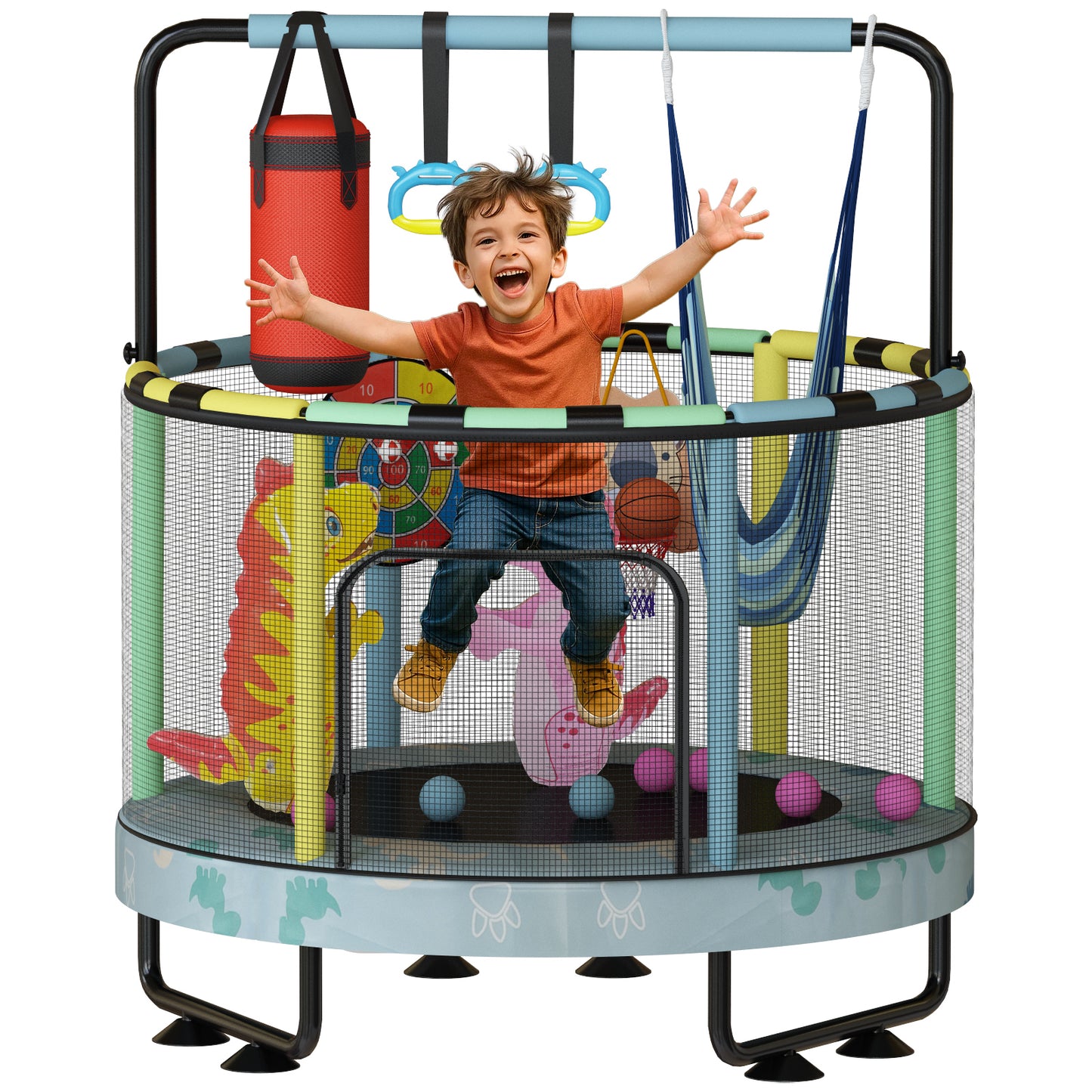 AWQM 55" 7-in-1 Round Trampoline for Kids Boys & Girls Ages 1-8, Indoor & Outdoor Trampoline for Fun, Adjustable Height Handrail ＆ Enclosed Safety Net ＆ Durable Designs for Toddlers Children