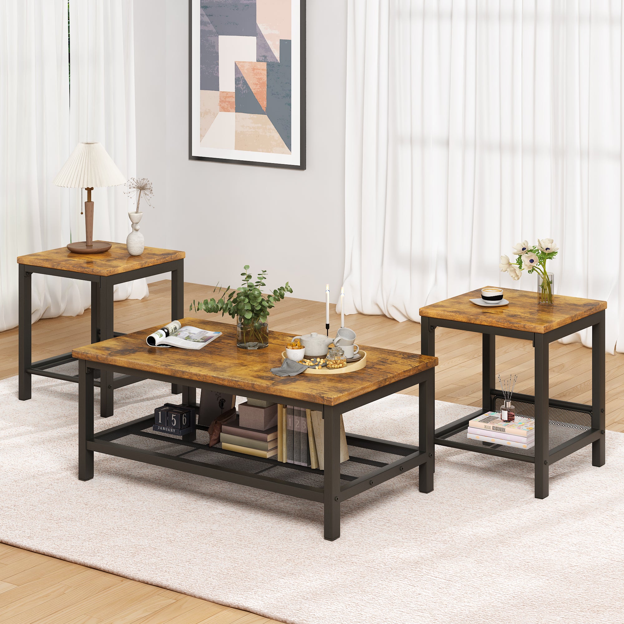 AWQM Coffee Table Set of 3, Industrial Coffee Table with 2 Square End Side Tables, Modern Living Room Table Set with Metal Frame for Apartment Home Office, Rustic Brown
